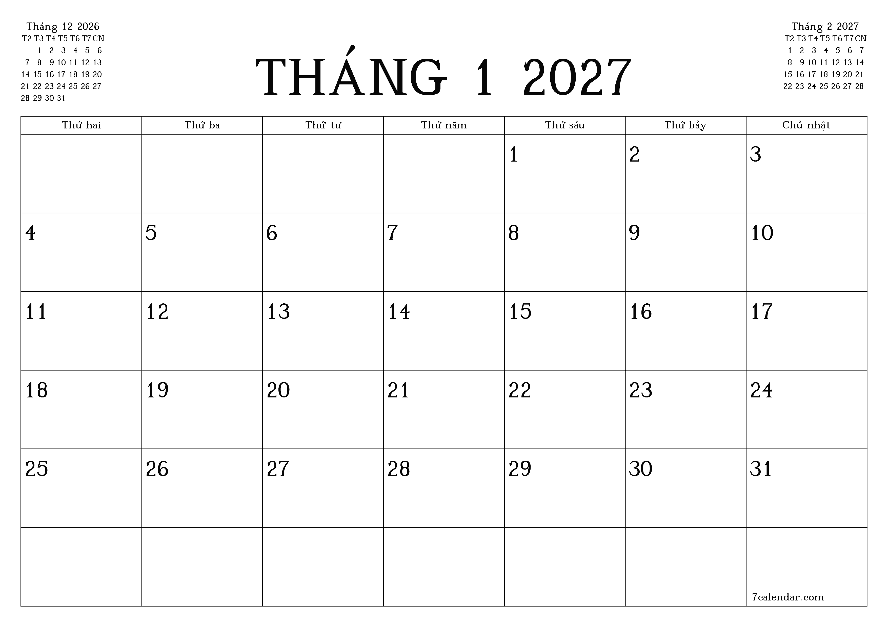 Công cụ lập kế hoạch hàng tháng trống cho tháng Tháng 1 2027 có ghi chú, lưu và in sang PDF PNG Vietnamese