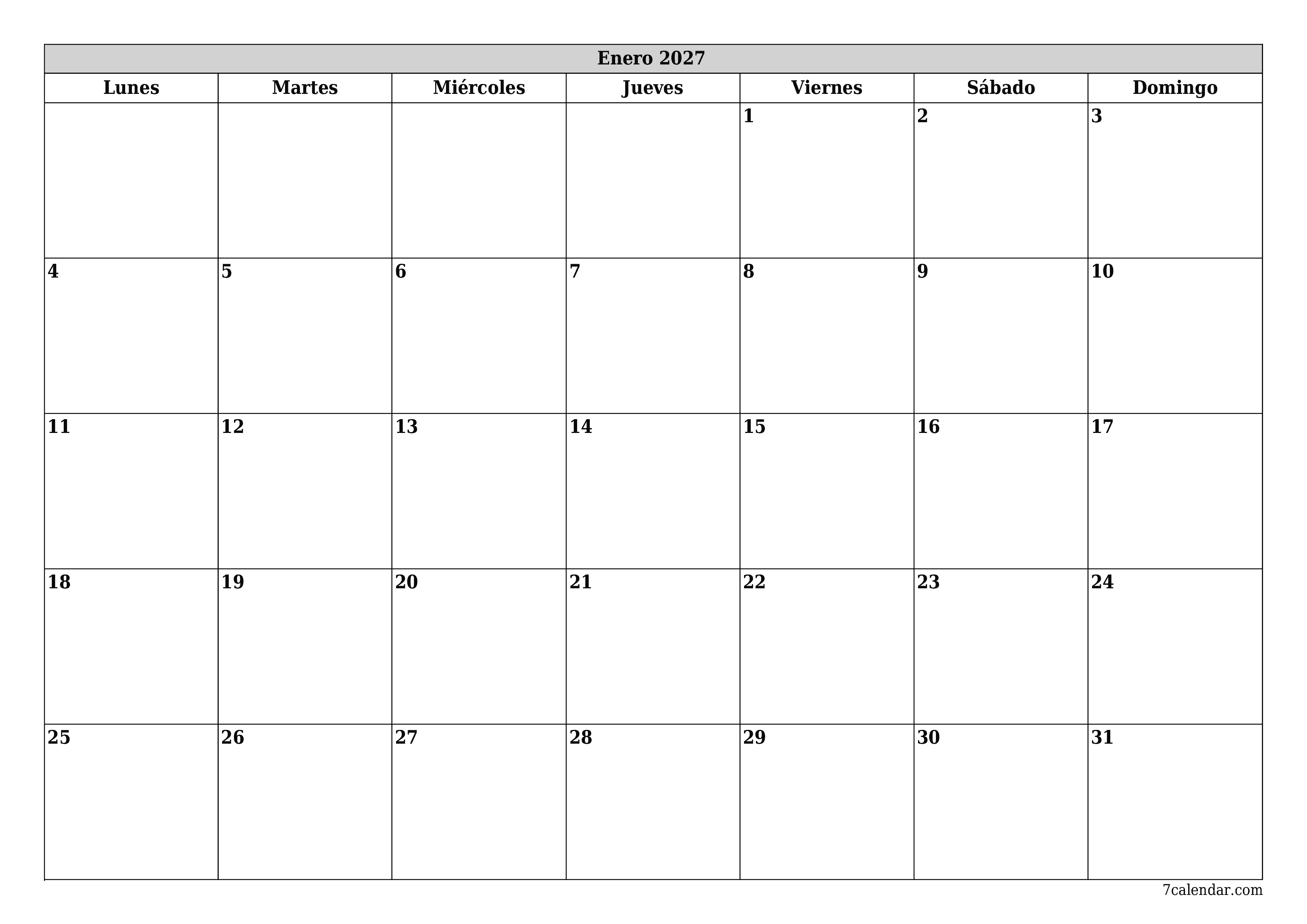 Planificador mensual vacío para el mes Enero 2027 con notas, guardar e imprimir en PDF PNG Spanish