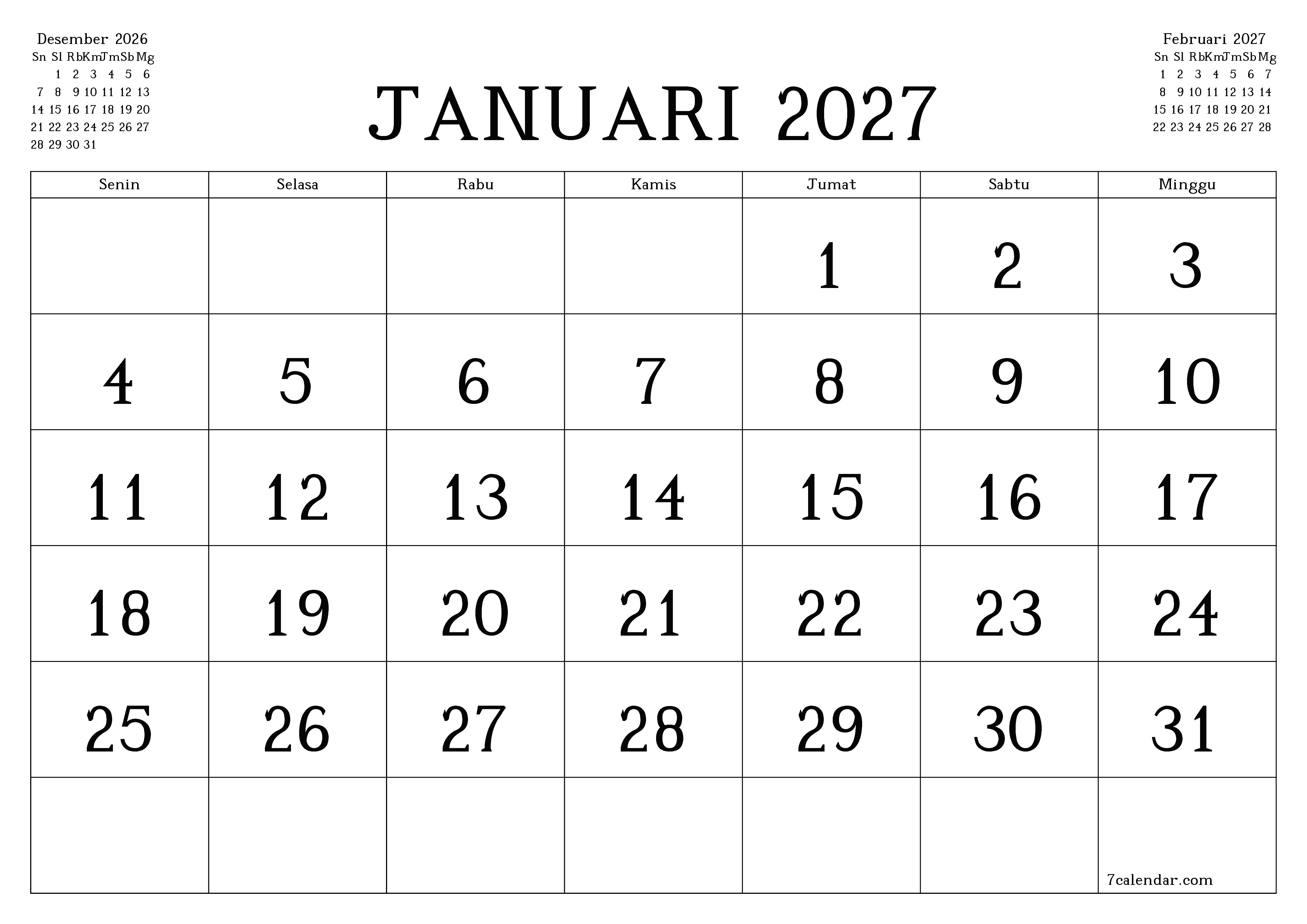  yang dapat dicetak dinding templat gratishorisontal Bulanan kalender Januari (Jan) 2027