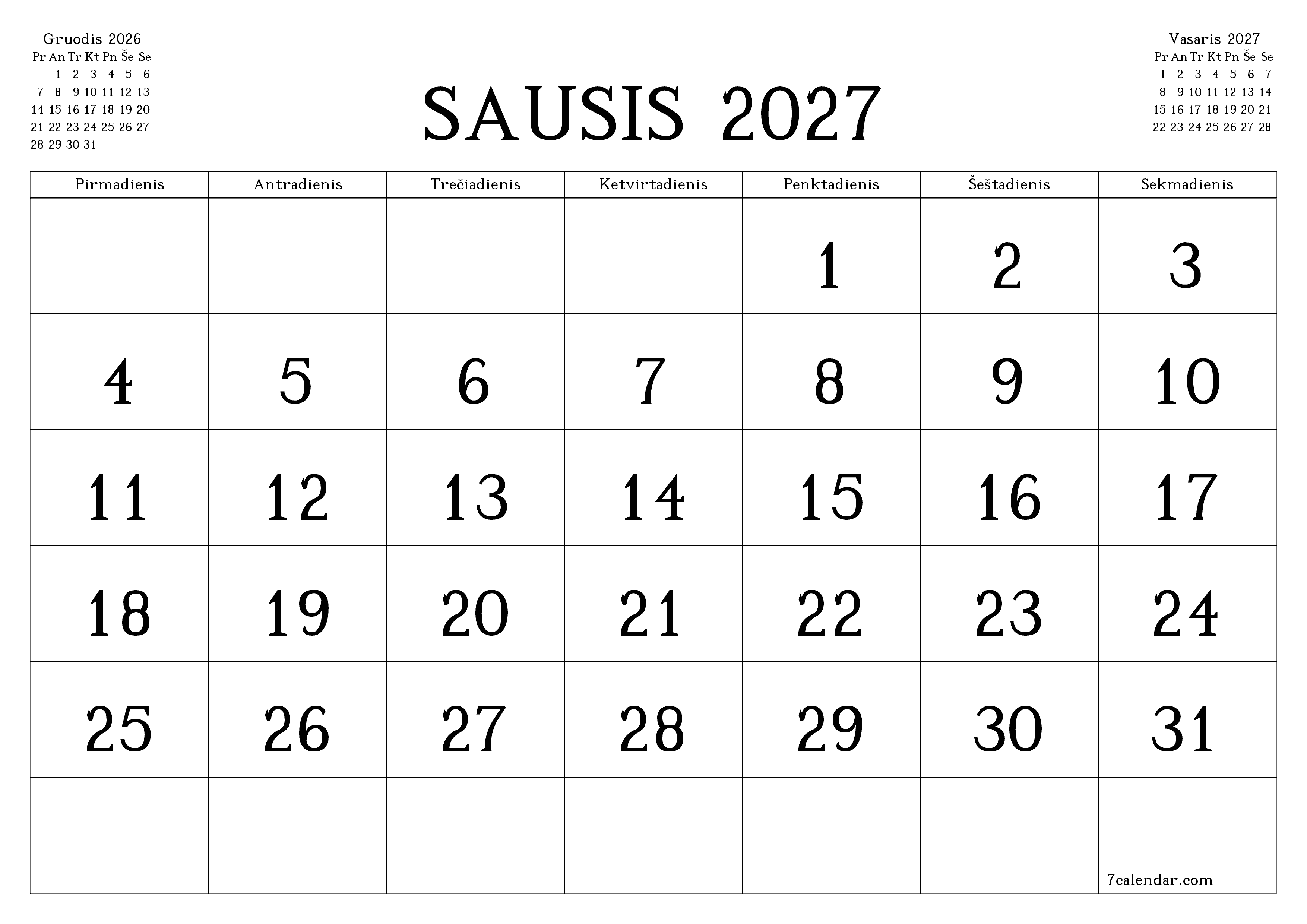 Ištuštinti mėnesio Sausis 2027 mėnesio planavimo priemonę su užrašais, išsaugoti ir atsispausdinti PDF formate PNG Lithuanian