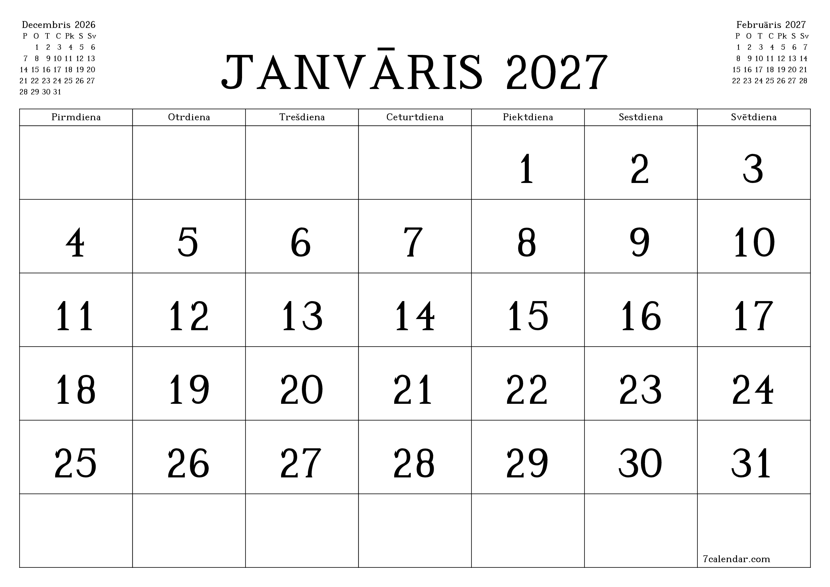 izdrukājams sienas kalendāra veidne bezmaksas horizontāli Mēneša kalendārs Janvāris (Jan) 2027