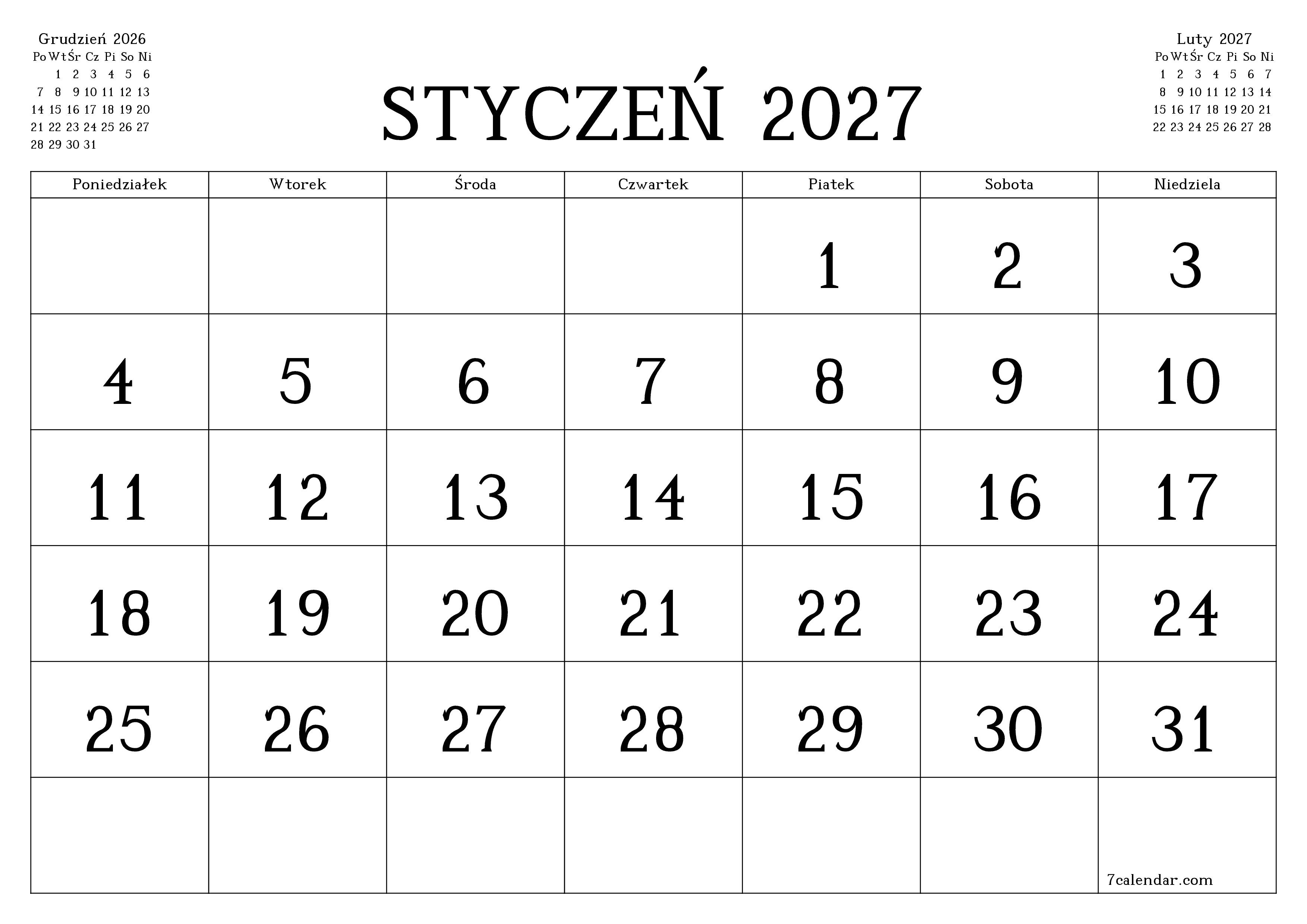 Opróżnij miesięczny planer na miesiąc Styczeń 2027 z notatkami, zapisz i wydrukuj w formacie PDF PNG Polish