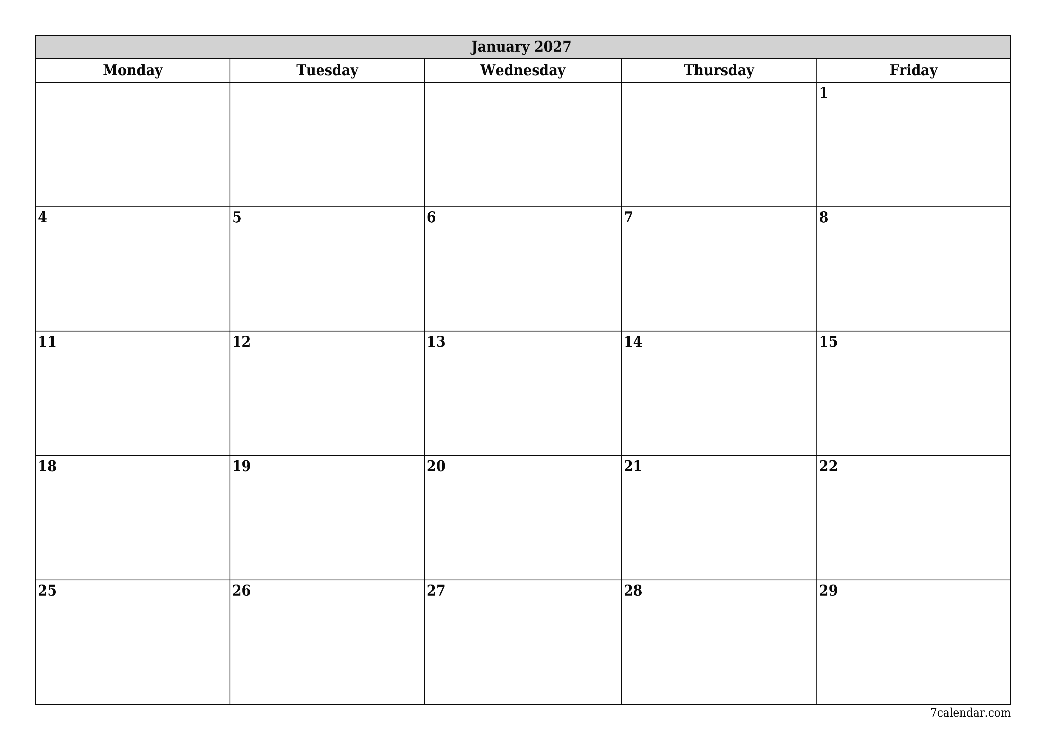 Blank monthly printable calendar and planner for month January 2027 with notes save and print to PDF PNG English