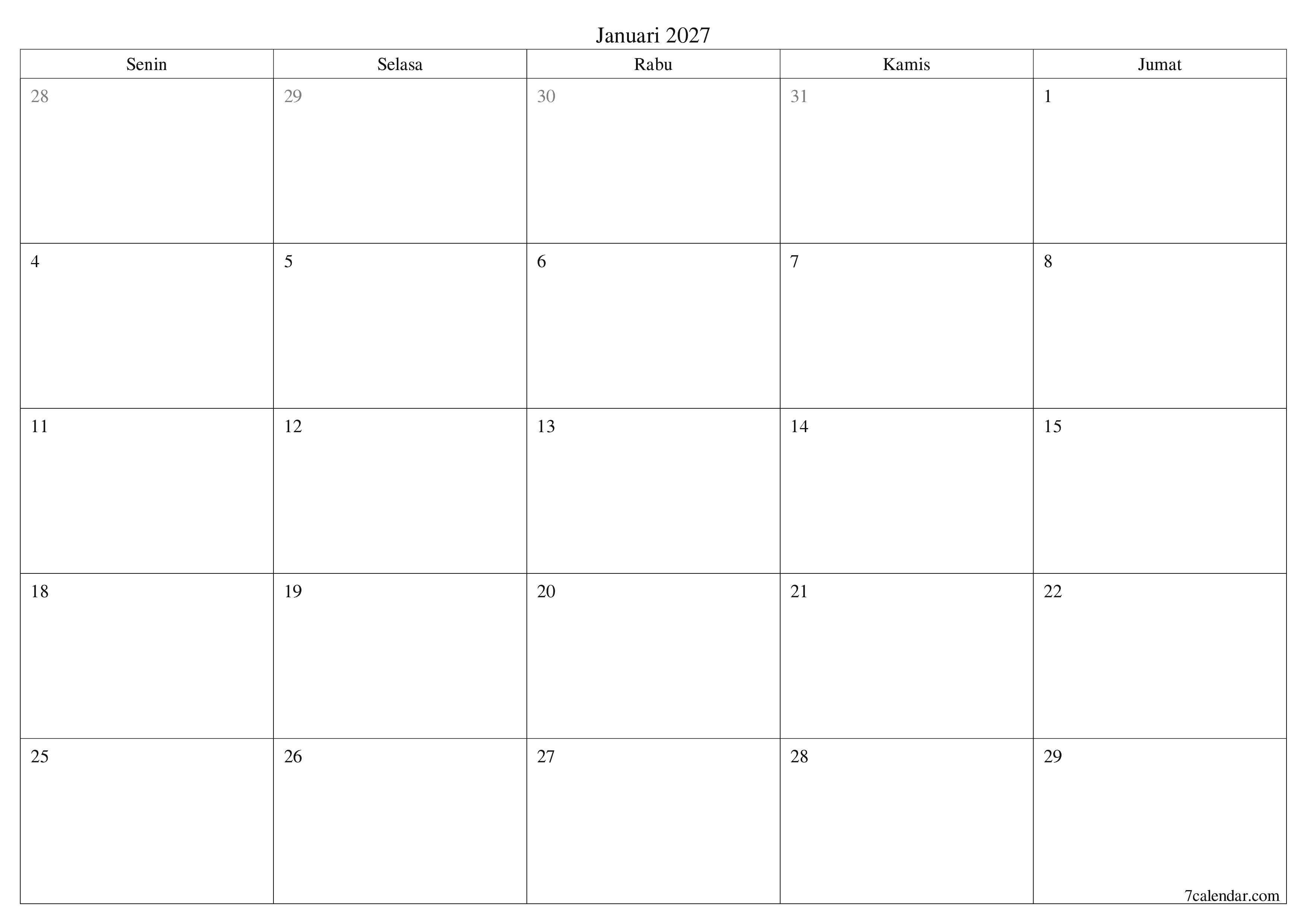  yang dapat dicetak dinding templat gratishorisontal Bulanan perencana kalender Januari (Jan) 2027