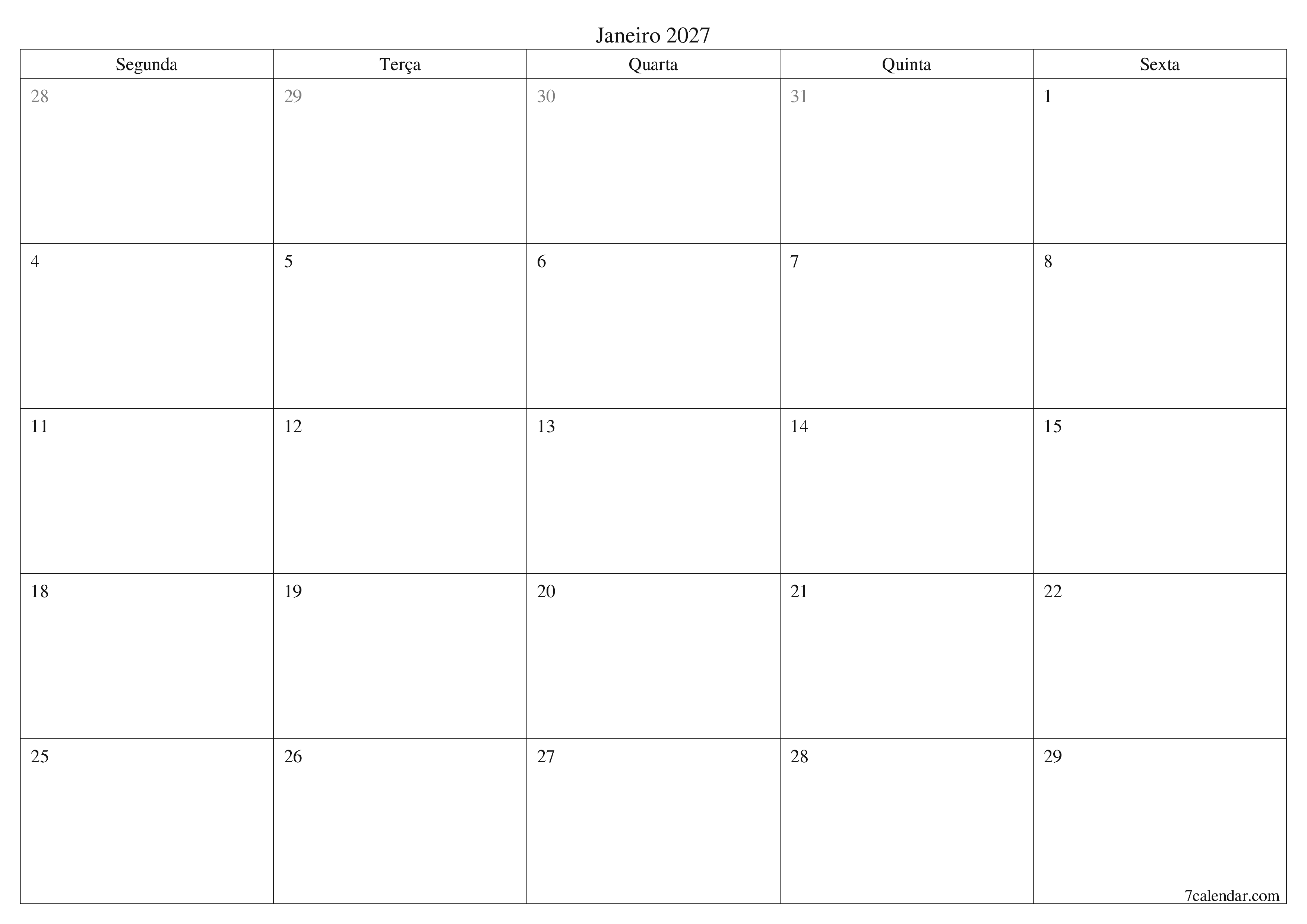  para impressão de parede modelo de grátishorizontal Mensal planejador calendário Janeiro (Jan) 2027