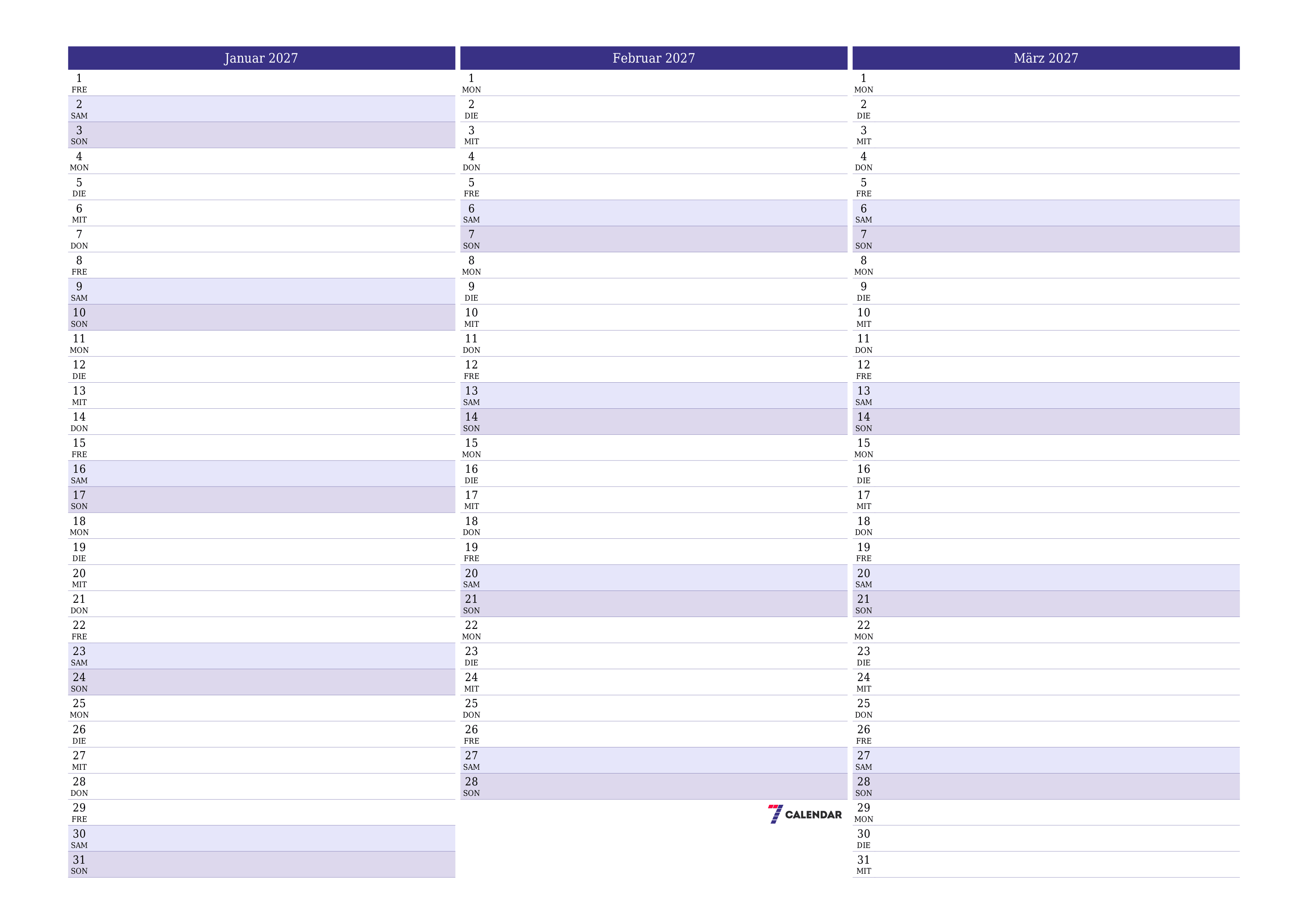  zum Ausdrucken Wandkalender vorlage kostenloser horizontal Monatlich Planer Kalender Januar (Jan) 2027