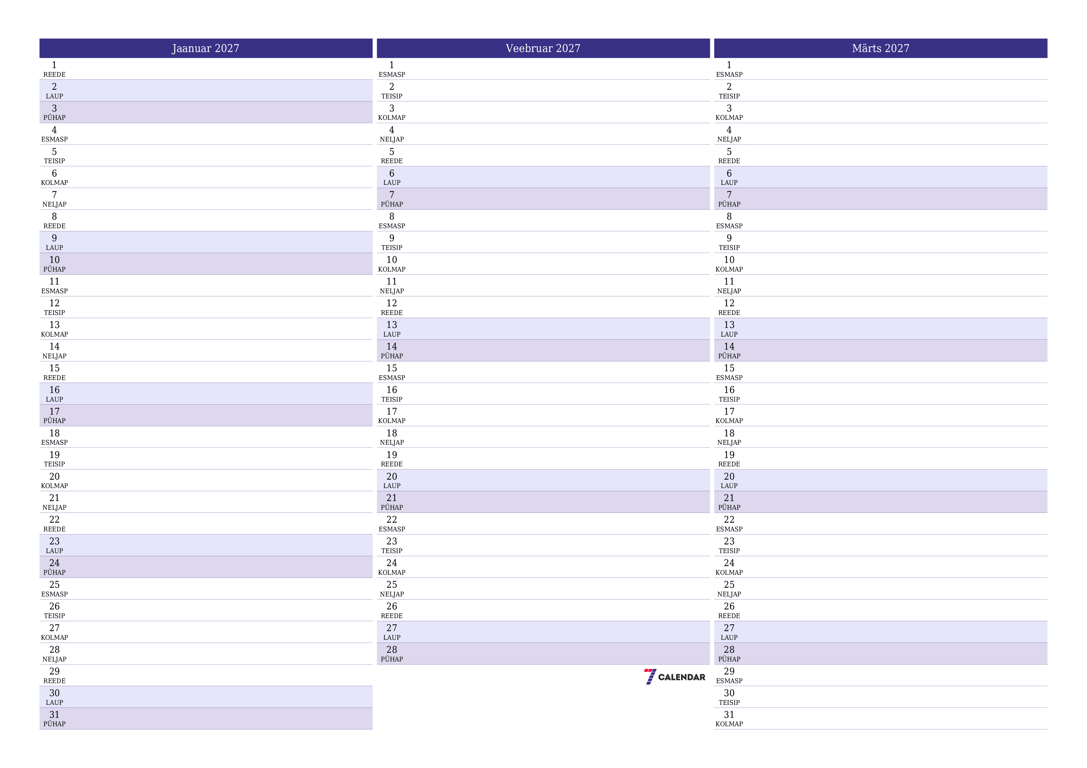 Tühjendage kuu Jaanuar 2027 kuuplaneerija märkmetega, salvestage ja printige PDF-i PNG Estonian