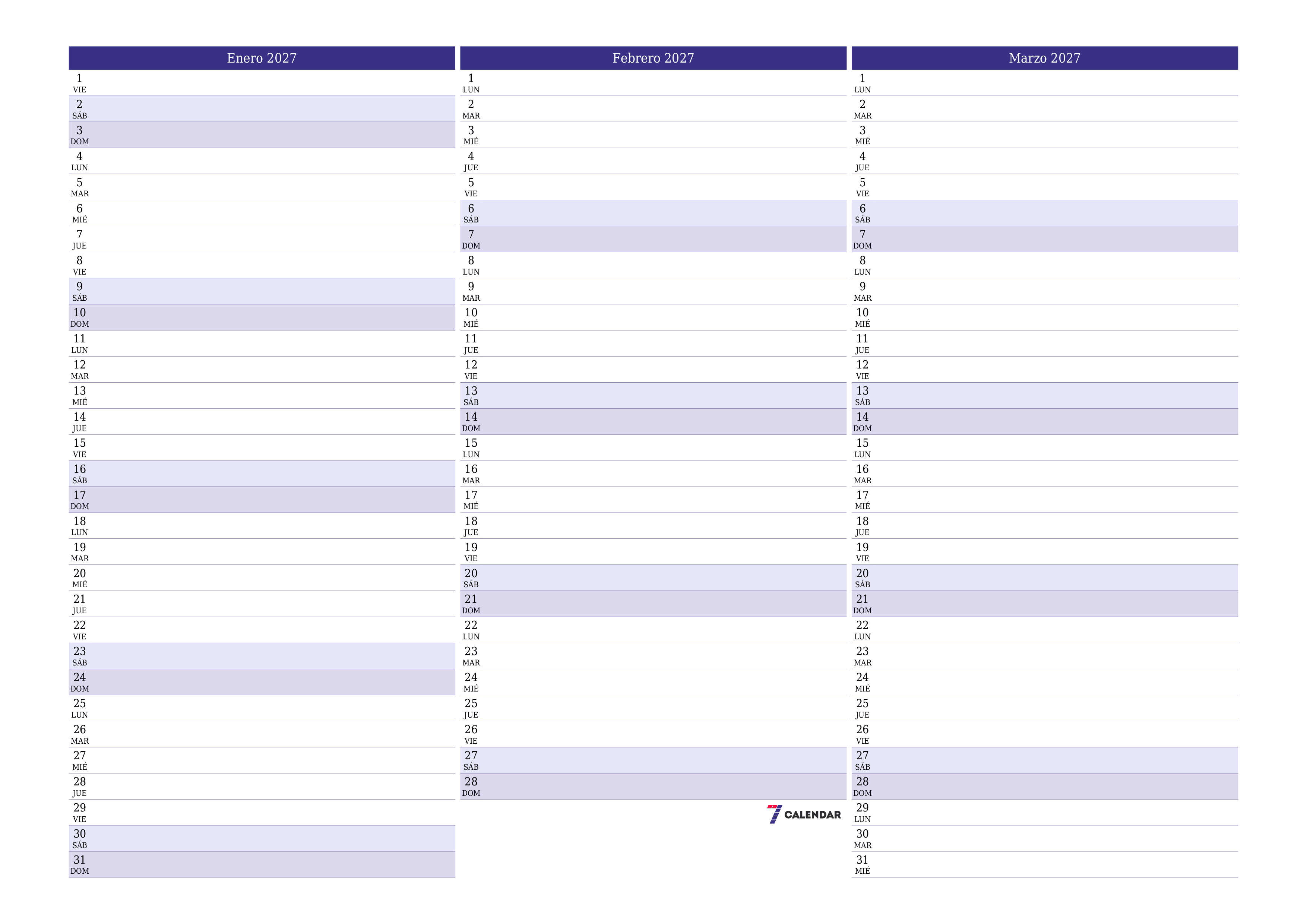 Planificador mensual vacío para el mes Enero 2027 con notas, guardar e imprimir en PDF PNG Spanish