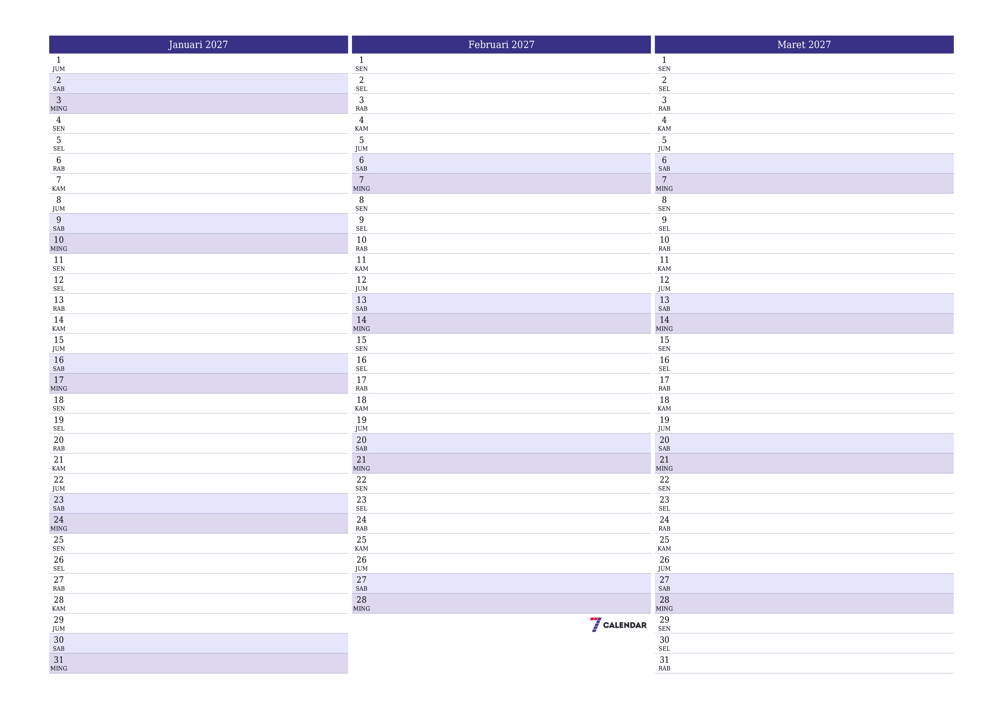 Kosongkan agenda bulanan untuk bulan Januari 2027 dengan catatan, simpan dan cetak ke PDF PNG Indonesian