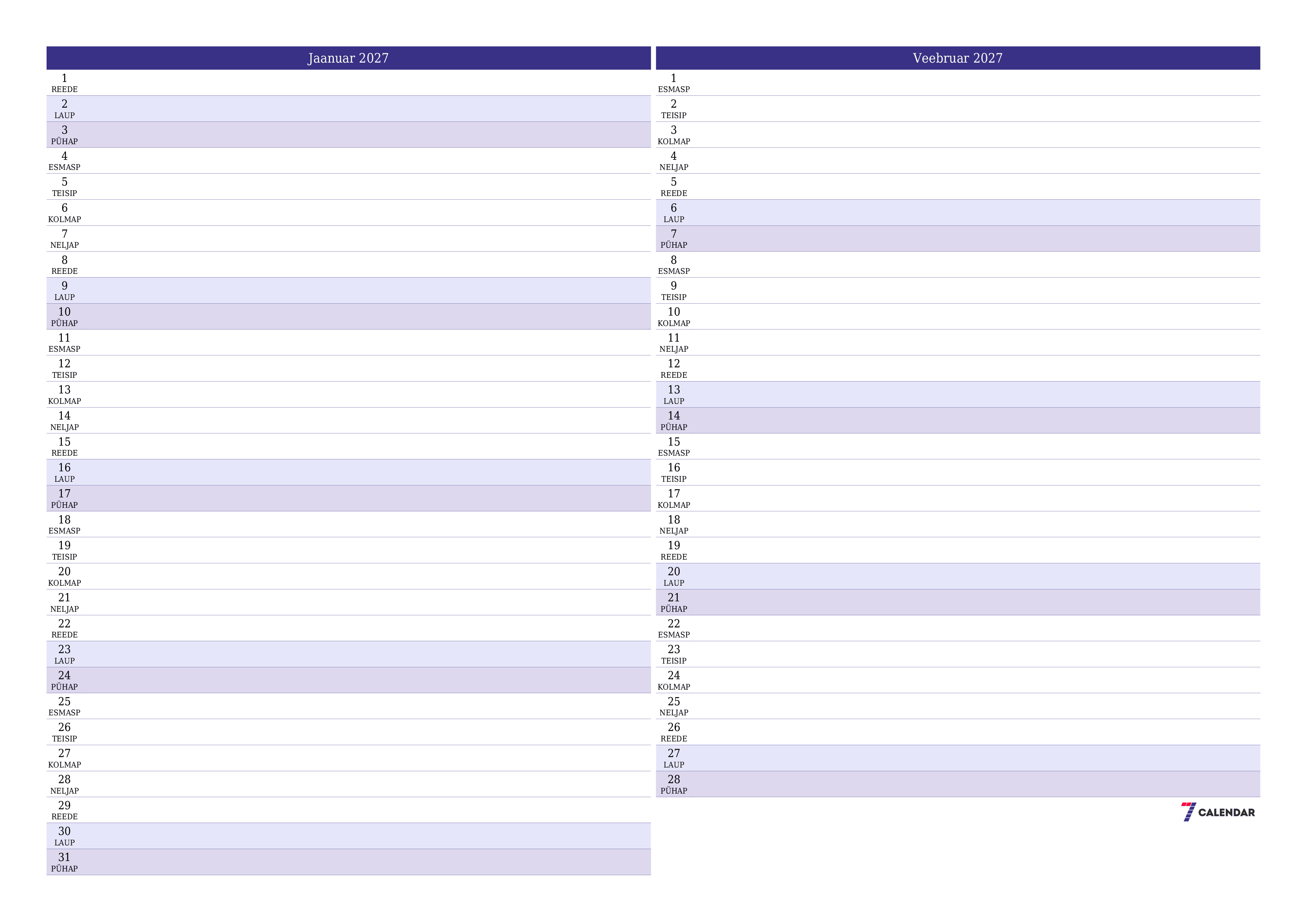 Tühjendage kuu Jaanuar 2027 kuuplaneerija märkmetega, salvestage ja printige PDF-i PNG Estonian