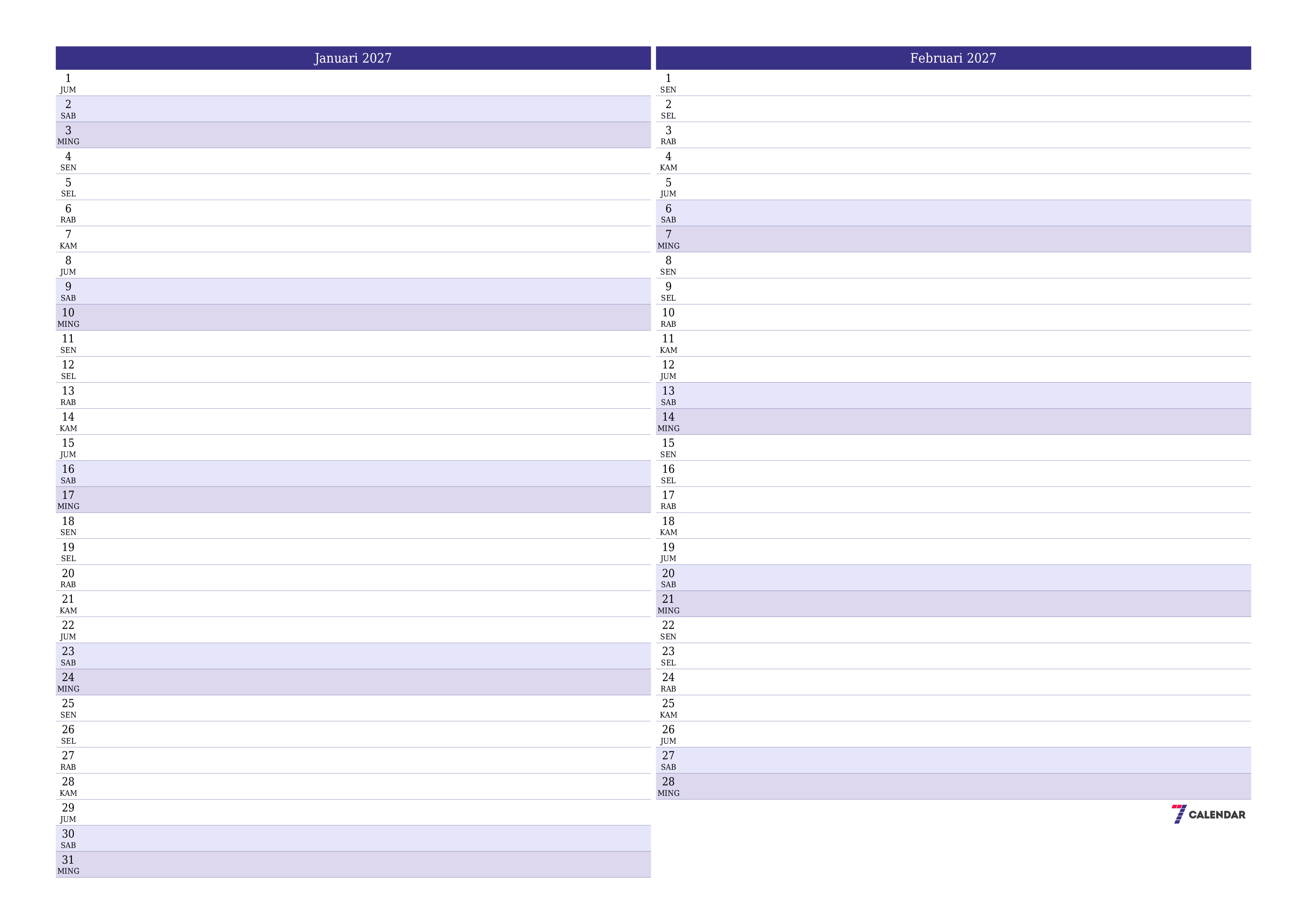 Kosongkan agenda bulanan untuk bulan Januari 2027 dengan catatan, simpan dan cetak ke PDF PNG Indonesian