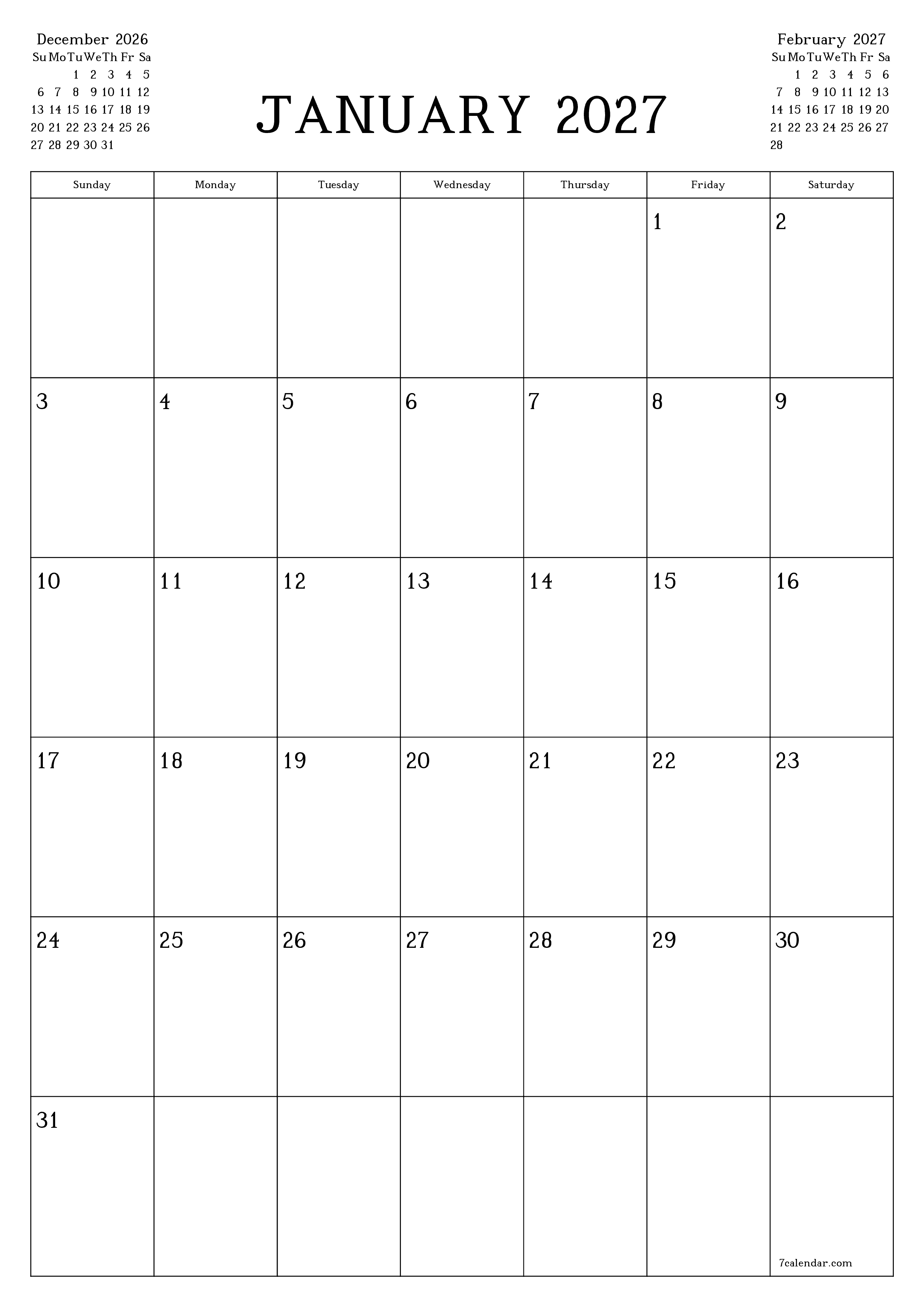 Blank monthly printable calendar and planner for month January 2027 with notes save and print to PDF PNG English