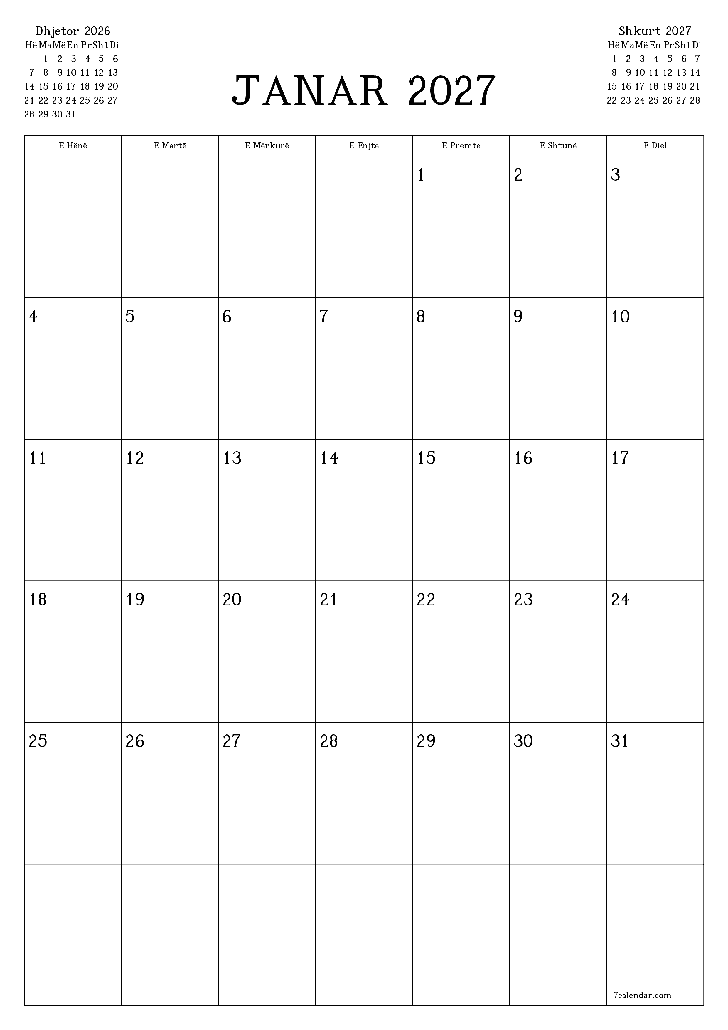  i printueshëm muri shabllon falasvertikale mujore planifikues kalendar Janar (Jan) 2027