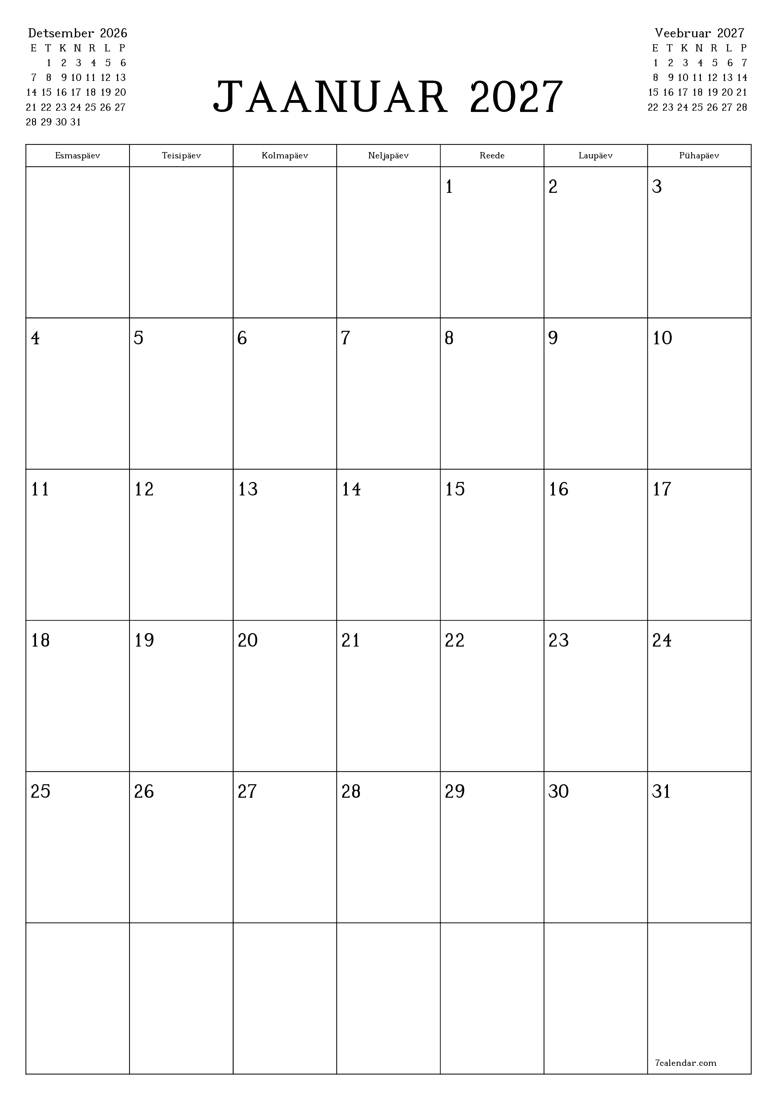 Tühjendage kuu Jaanuar 2027 kuuplaneerija märkmetega, salvestage ja printige PDF-i PNG Estonian