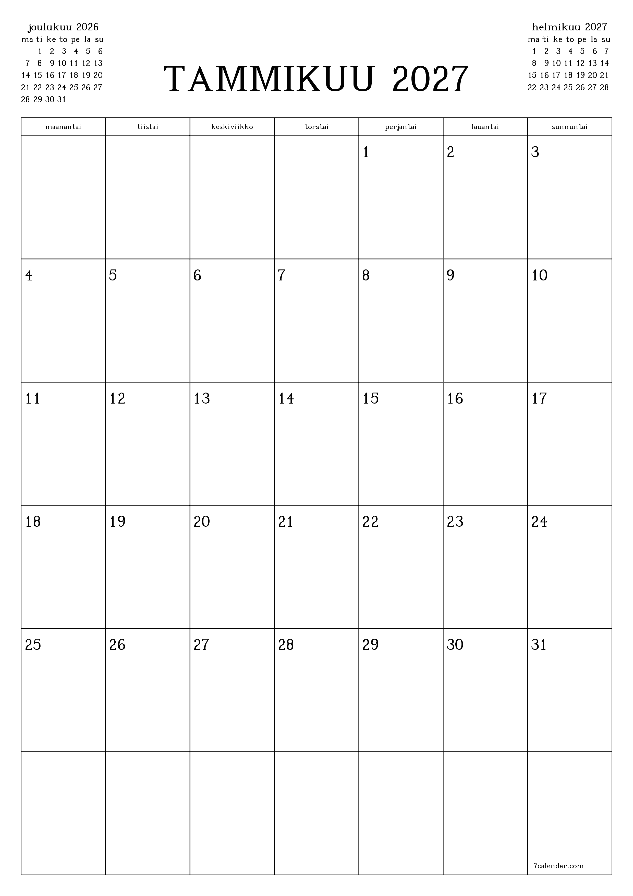 tulostettava seinä n malli ilmainen pystysuora Kuukausittainen suunnittelija kalenteri Tammikuu (Tammi) 2027