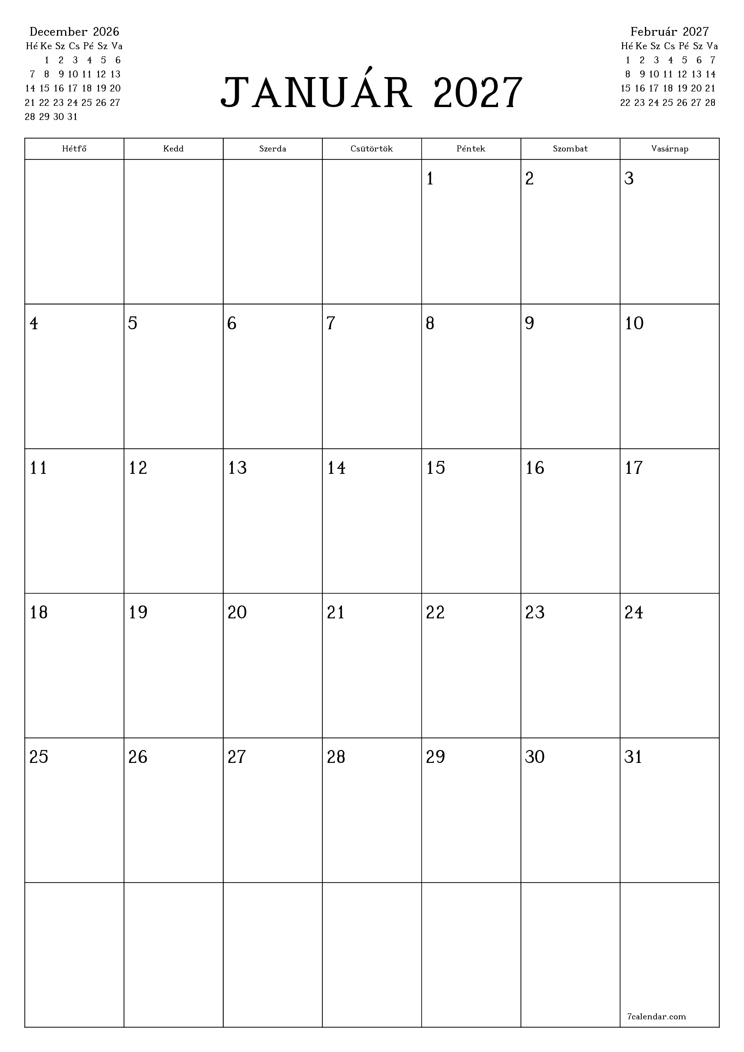 nyomtatható fali sablon ingyenes függőleges Havi tervező naptár Január (Jan) 2027
