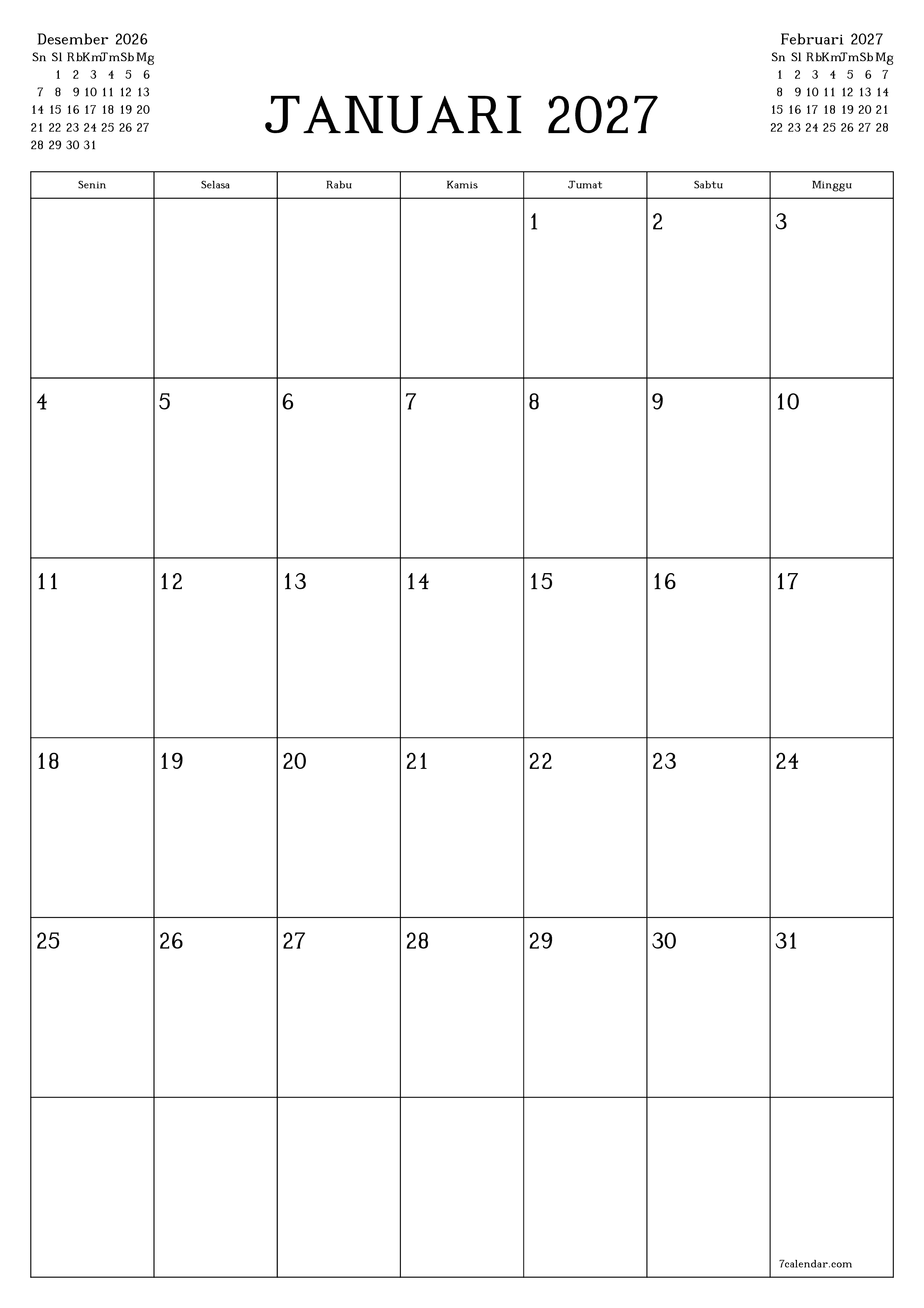  yang dapat dicetak dinding templat gratisvertikal Bulanan perencana kalender Januari (Jan) 2027