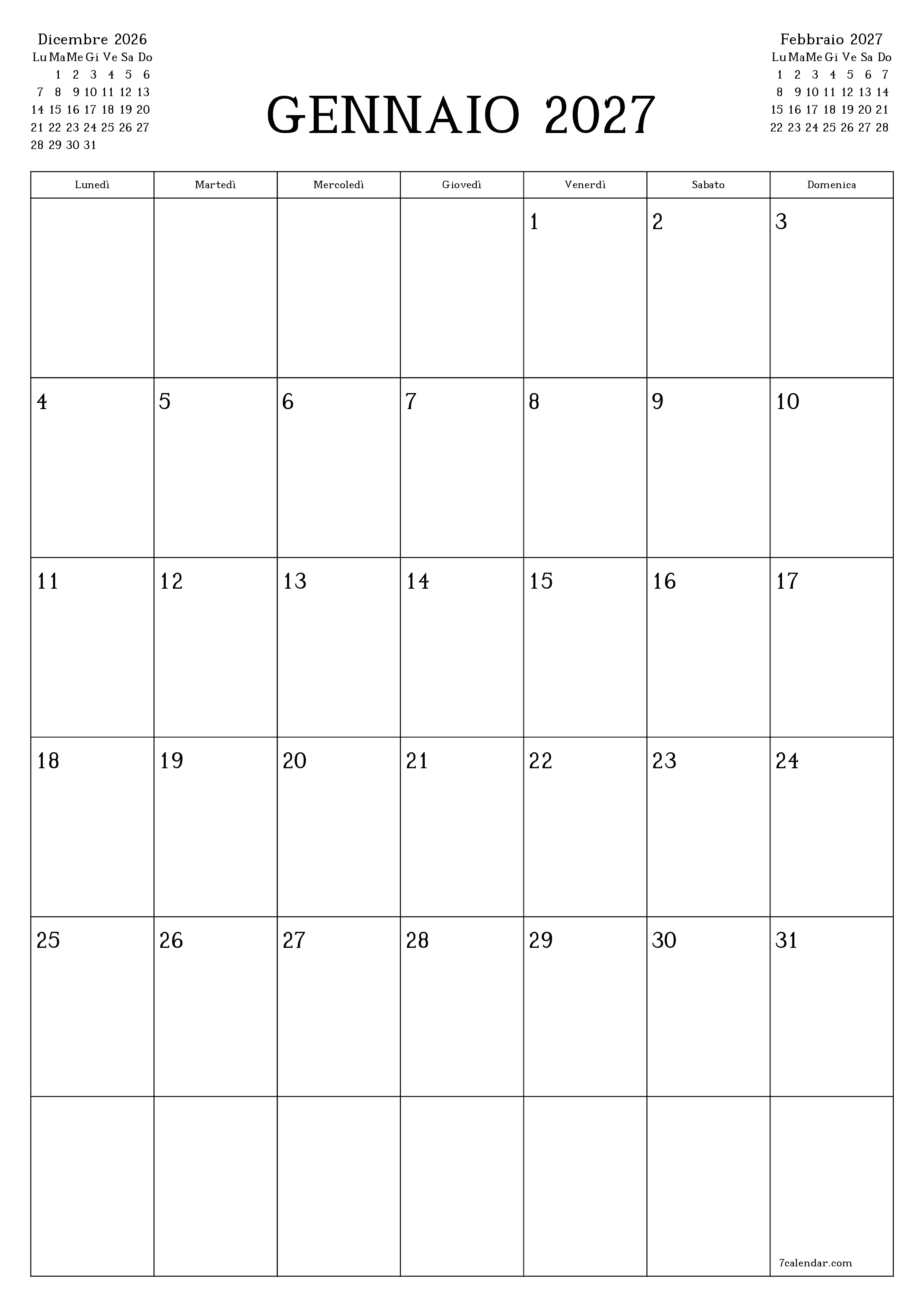  stampabile da parete modello di gratuitoverticale Mensile pianificatore calendario Gennaio (Gen) 2027