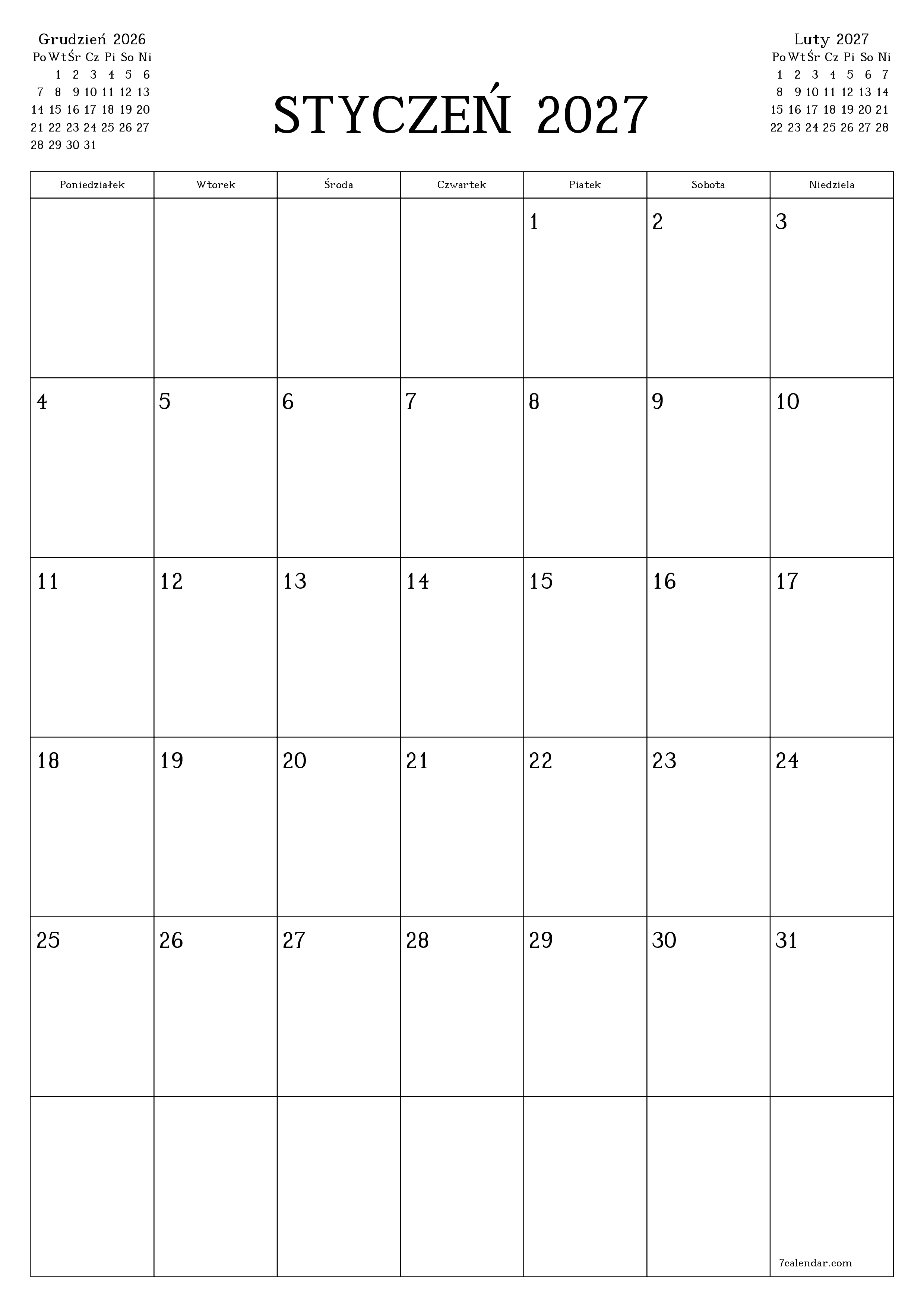  do druku ścienny szablon a darmowy pionowy Miesięczny planista kalendarz Styczeń (Sty) 2027