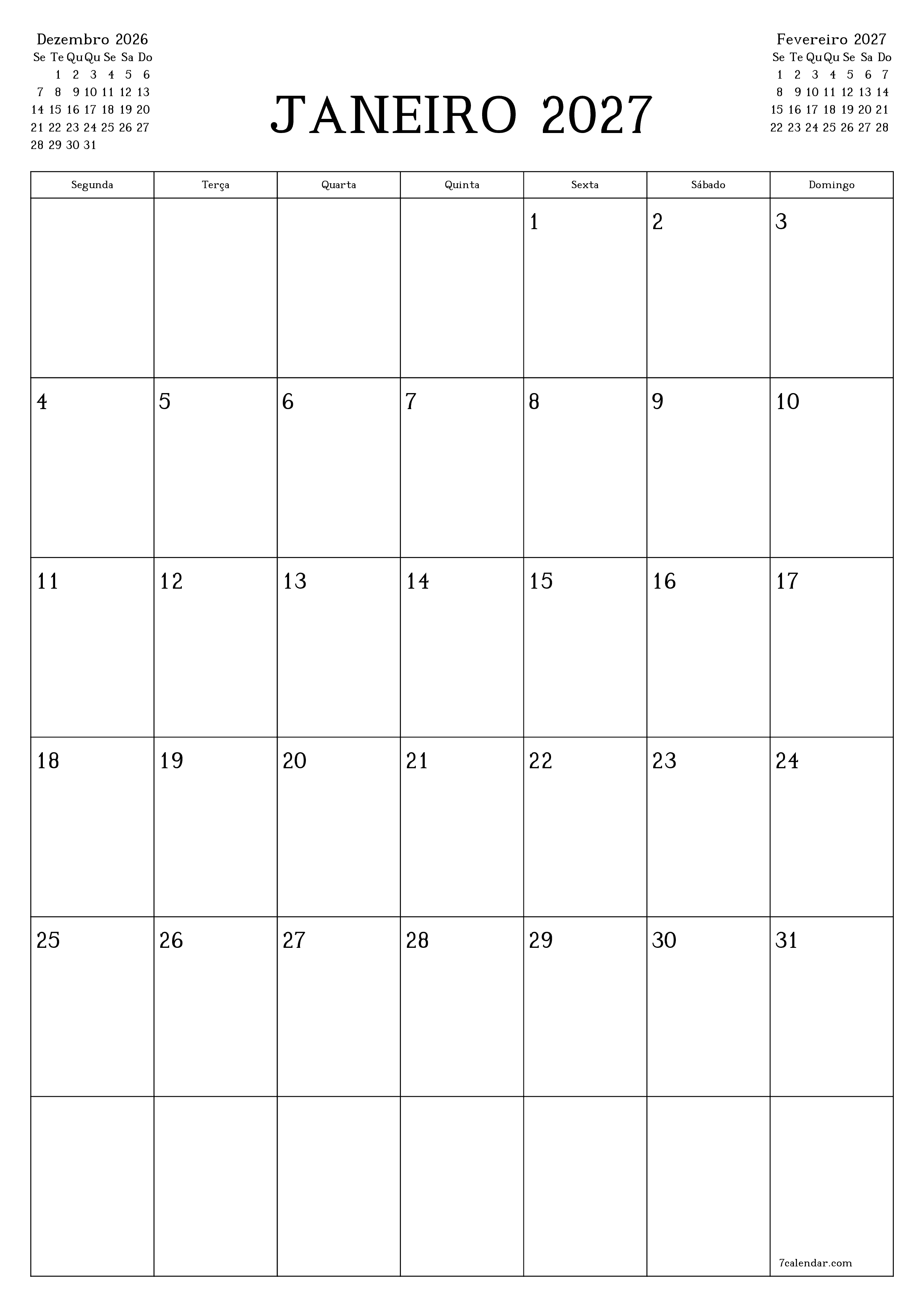  para impressão de parede modelo de grátisvertical Mensal planejador calendário Janeiro (Jan) 2027