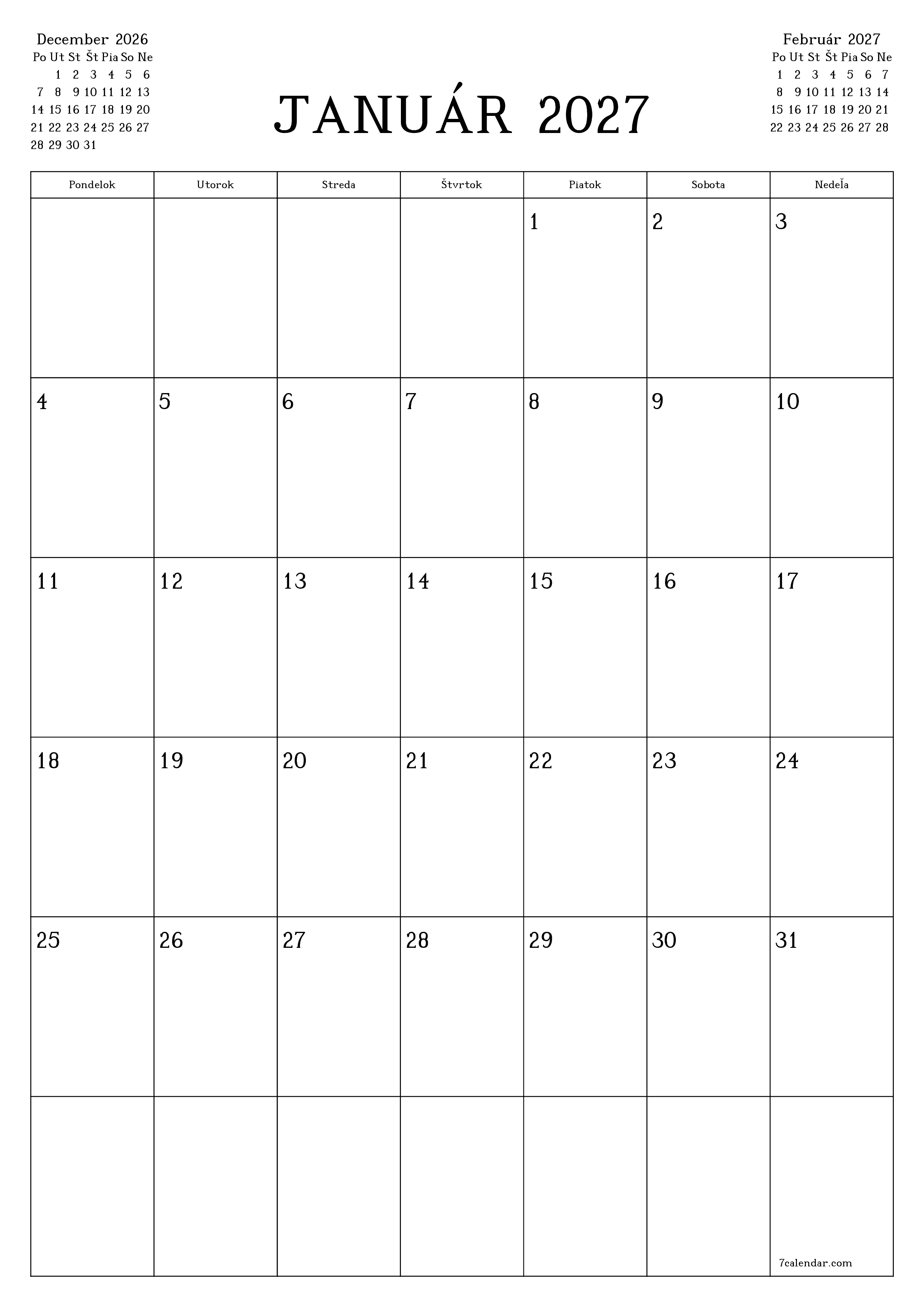 vytlačiteľný nástenný šablóna a bezplatný вертикальный Mesačne plánovač kalendár Január (Jan) 2027