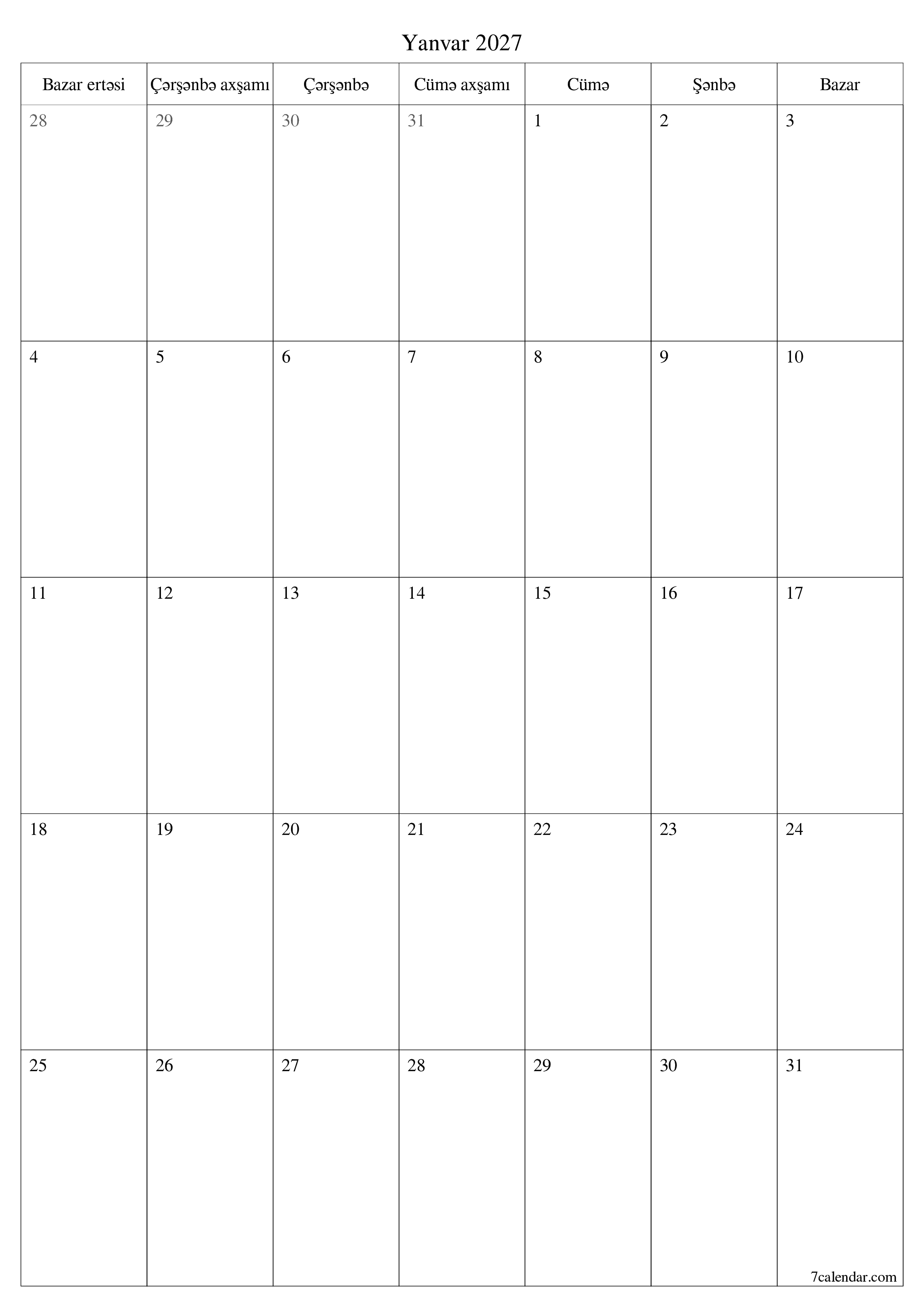 Yanvar 2027 ayı üçün qeydlər ilə boş aylıq planlayıcı, qeyd edin və PDF-ə yazdırın PNG Azerbaijani