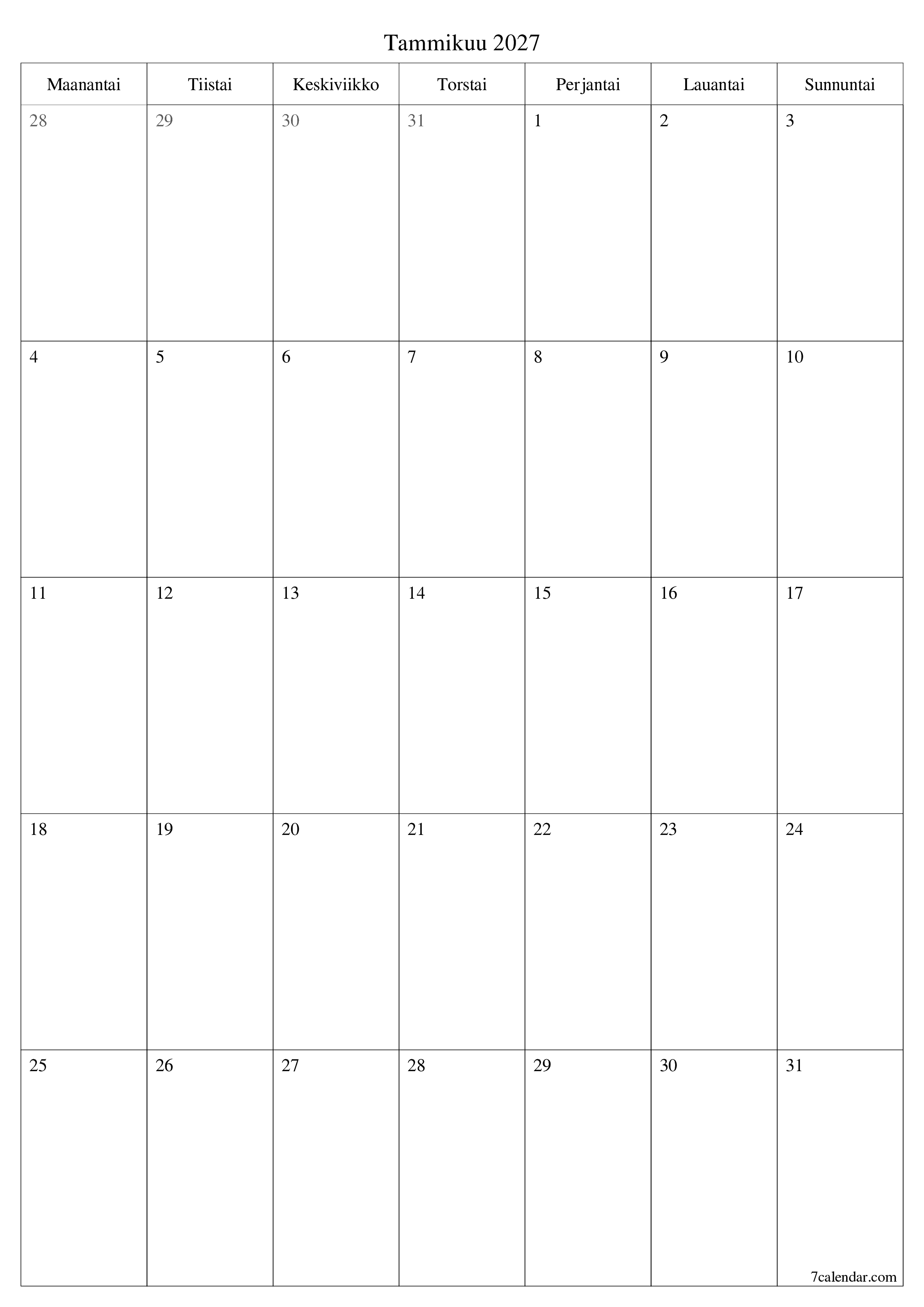 tulostettava seinä n malli ilmainen pystysuora Kuukausittainen suunnittelija kalenteri Tammikuu (Tammi) 2027