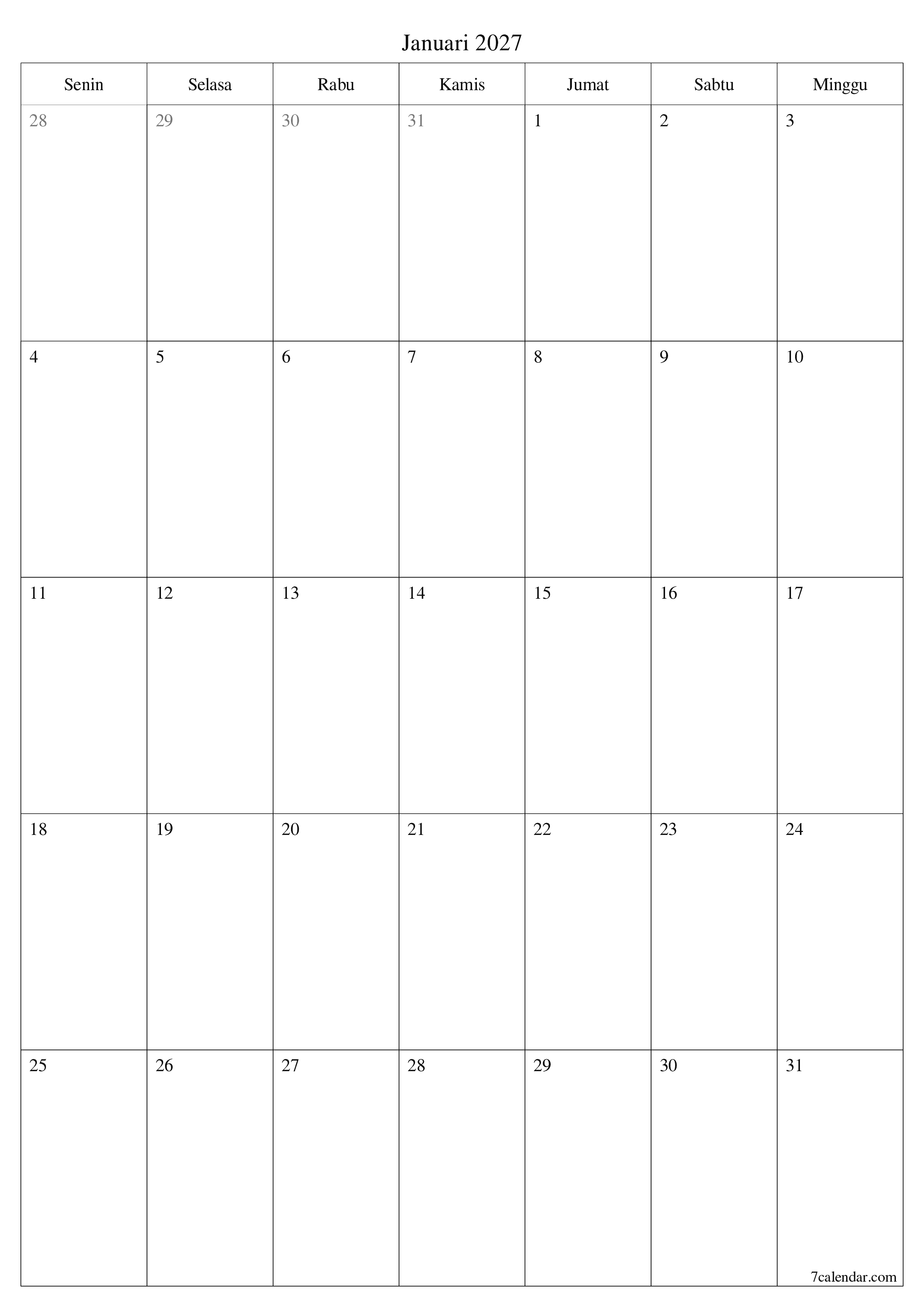  yang dapat dicetak dinding templat gratisvertikal Bulanan perencana kalender Januari (Jan) 2027