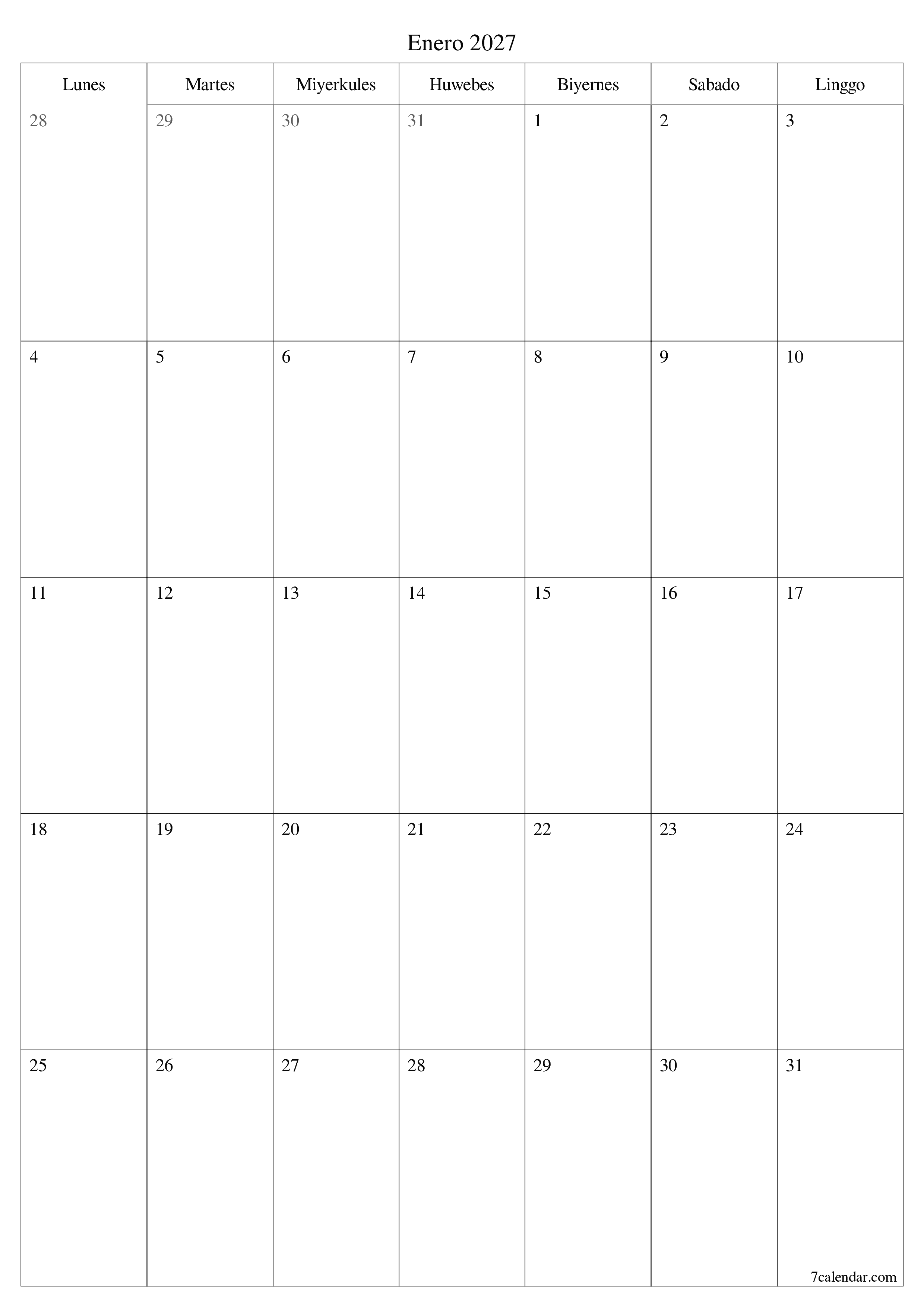 napi-print na sa dingding template ng libreng patayo Buwanang tagaplano kalendaryo Enero (Ene) 2027