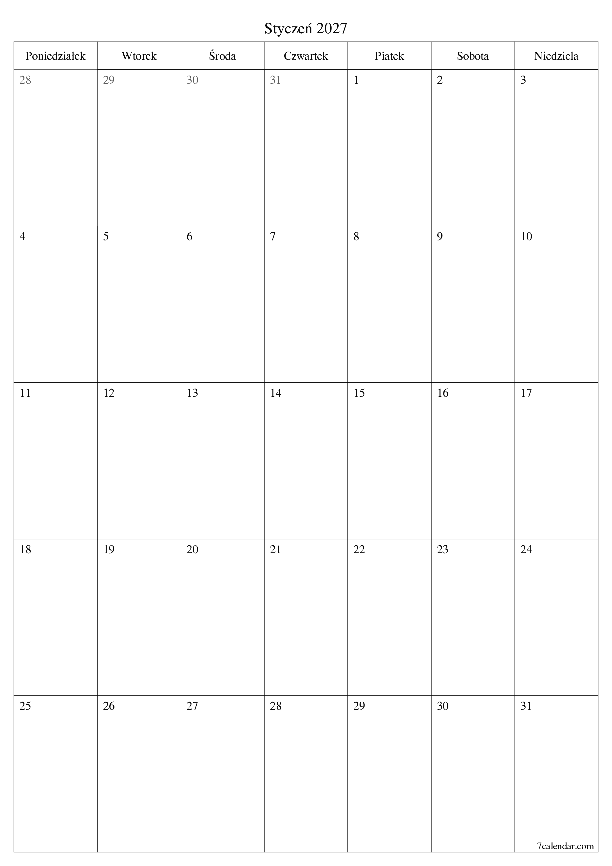  do druku ścienny szablon a darmowy pionowy Miesięczny planista kalendarz Styczeń (Sty) 2027