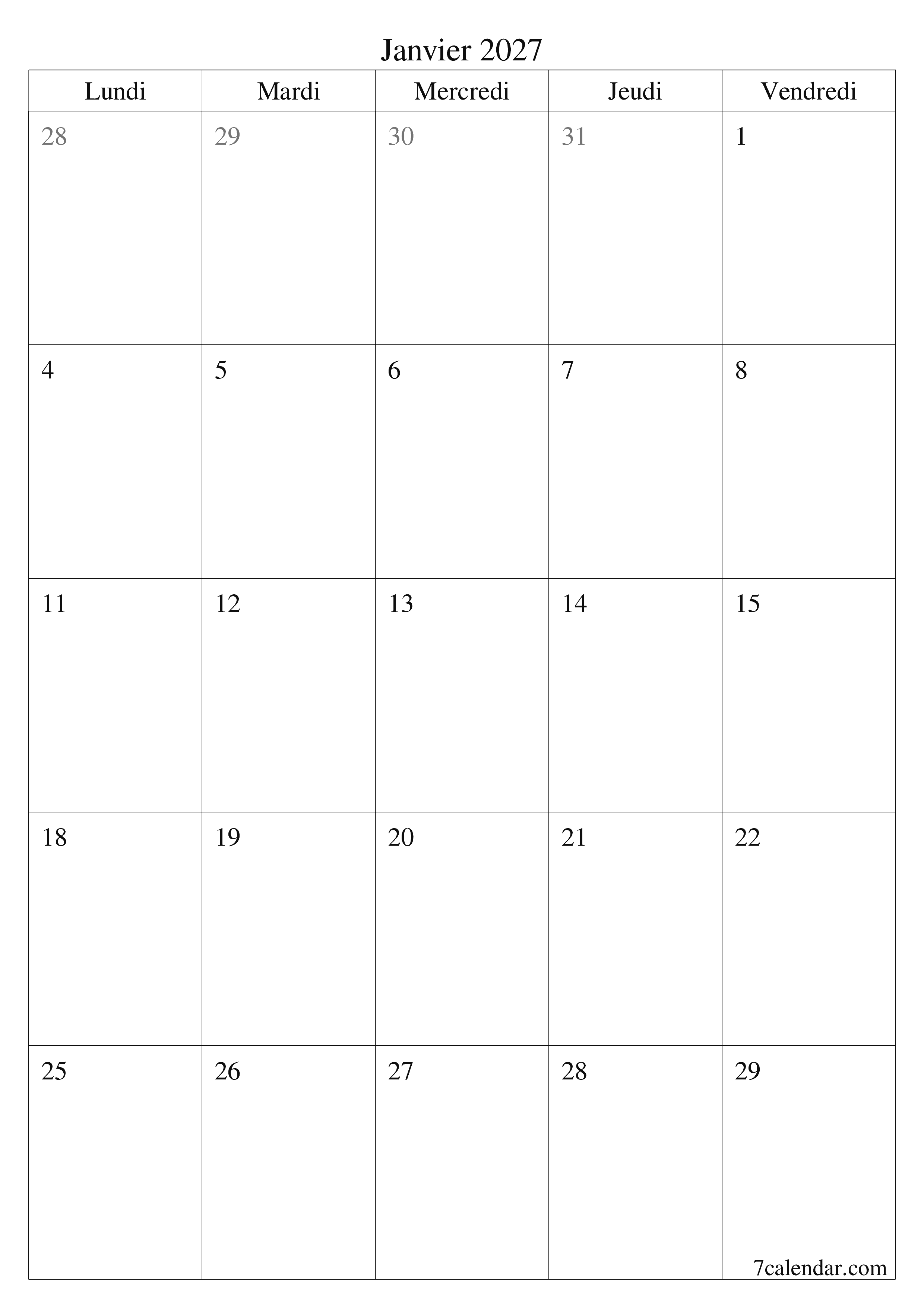  imprimable mural modèle de gratuitverticale Mensuel planificateur calendrier Janvier (Jan) 2027