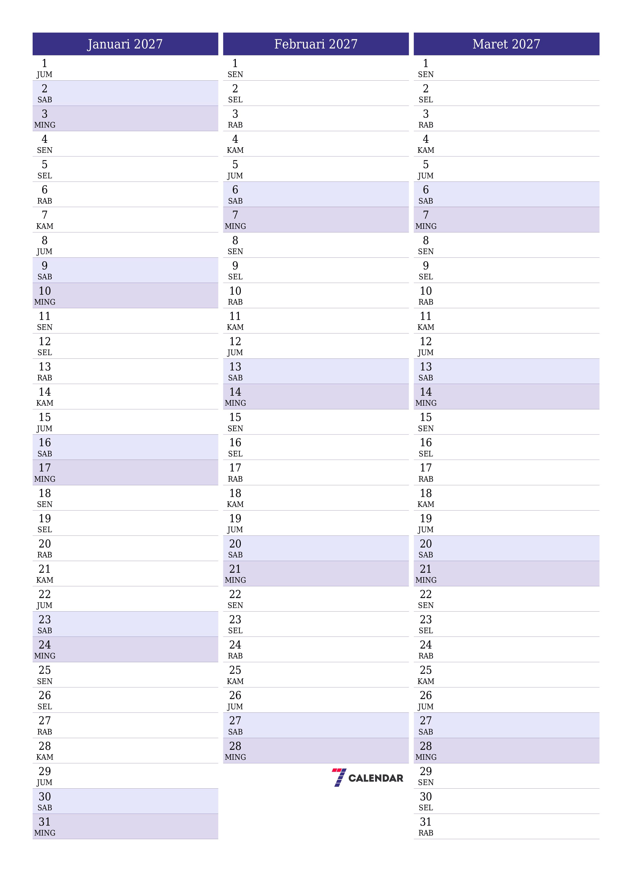 Kosongkan agenda bulanan untuk bulan Januari 2027 dengan catatan, simpan dan cetak ke PDF PNG Indonesian