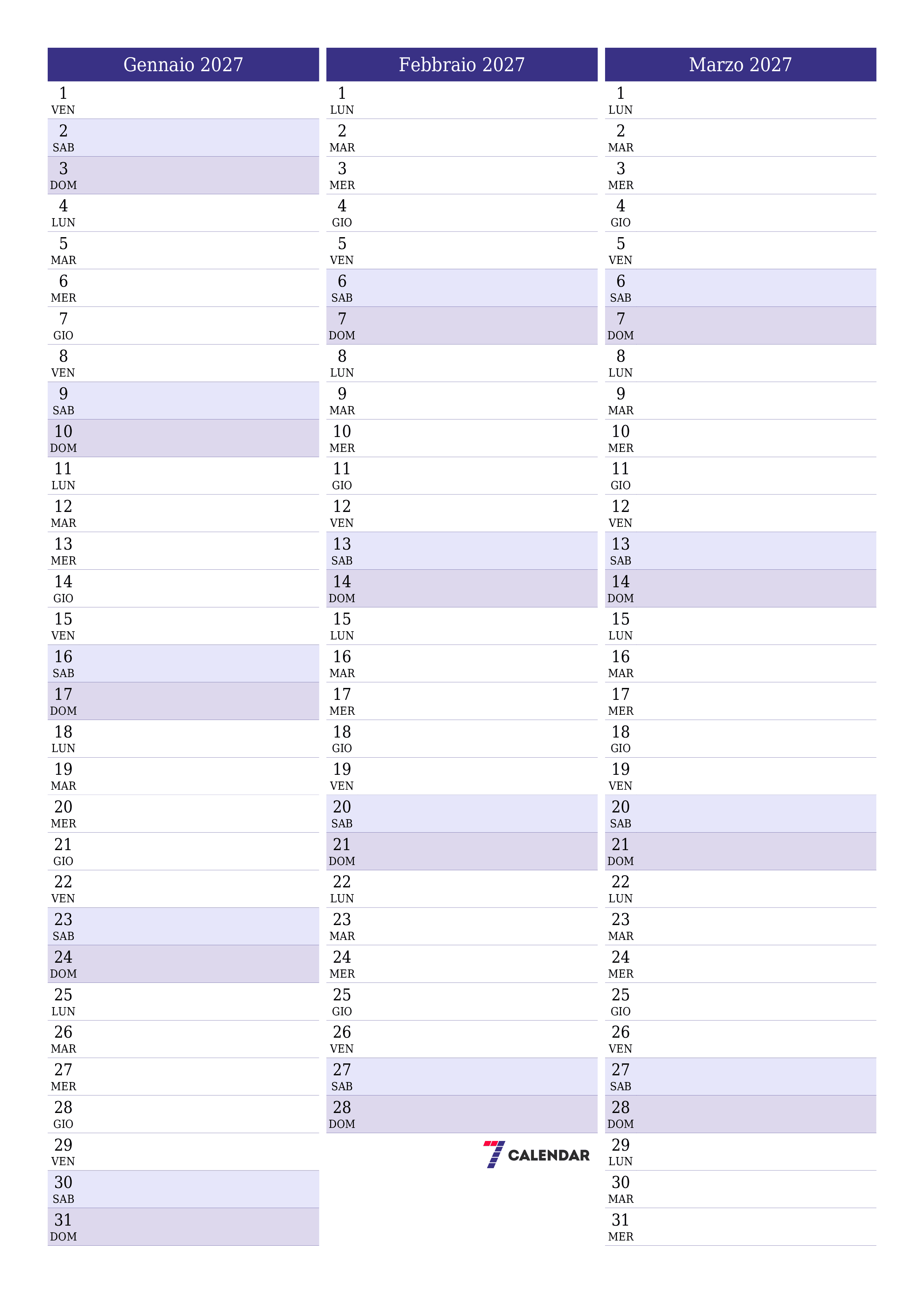 Pianificatore mensile vuoto per il mese Gennaio 2027 con note, salva e stampa in PDF PNG Italian