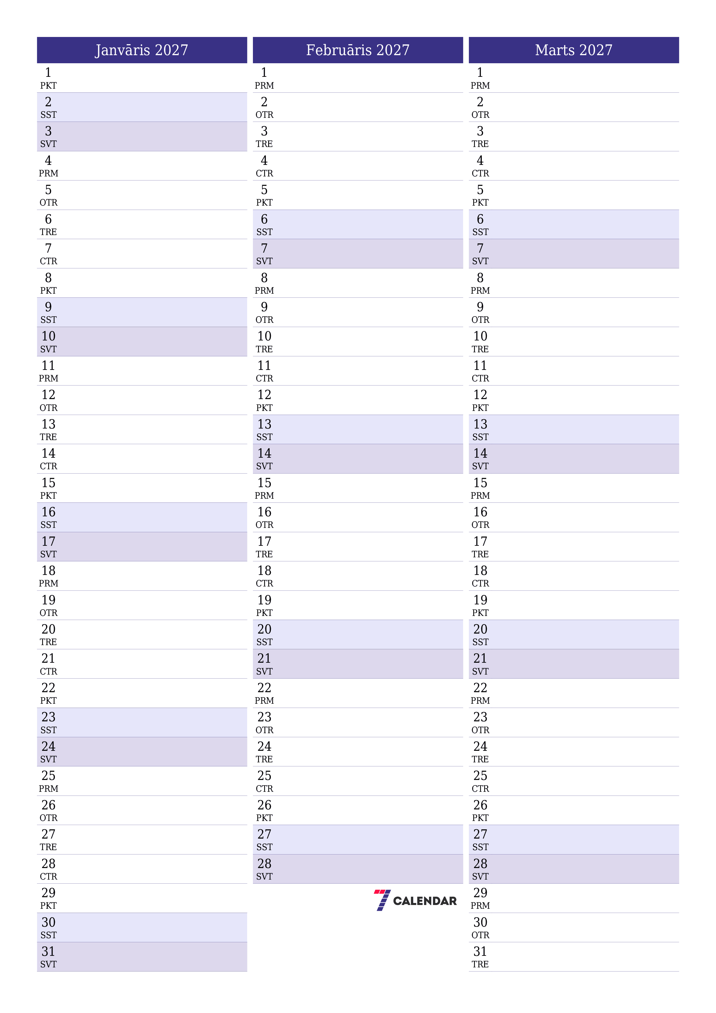 Iztukšot mēneša plānotāju mēnesim Janvāris 2027 ar piezīmēm, saglabāt un izdrukāt PDF formātā PNG Latvian