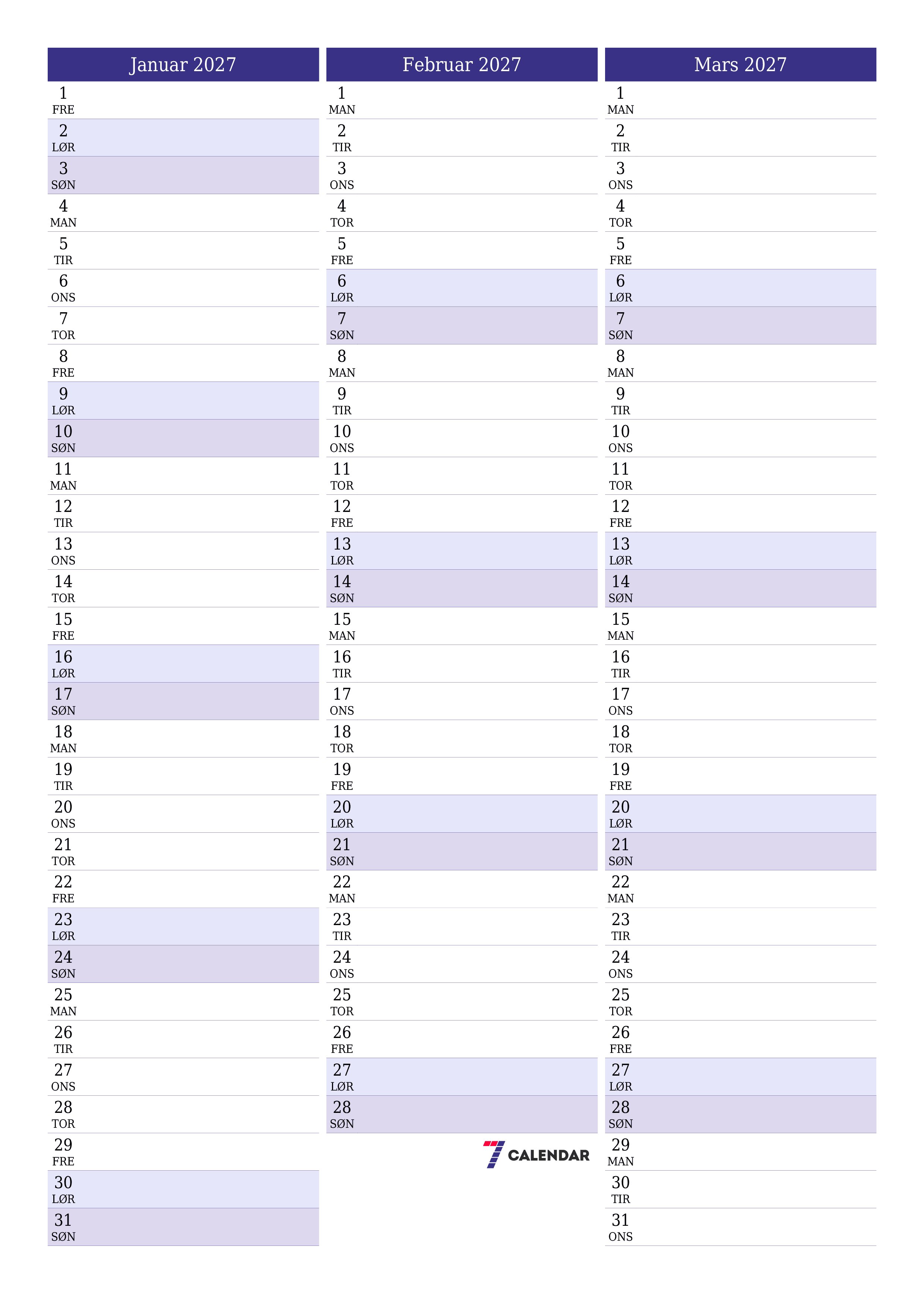 Tom månedlig planlegger for måned Januar 2027 med notater, lagre og skriv ut til PDF PNG Norwegian