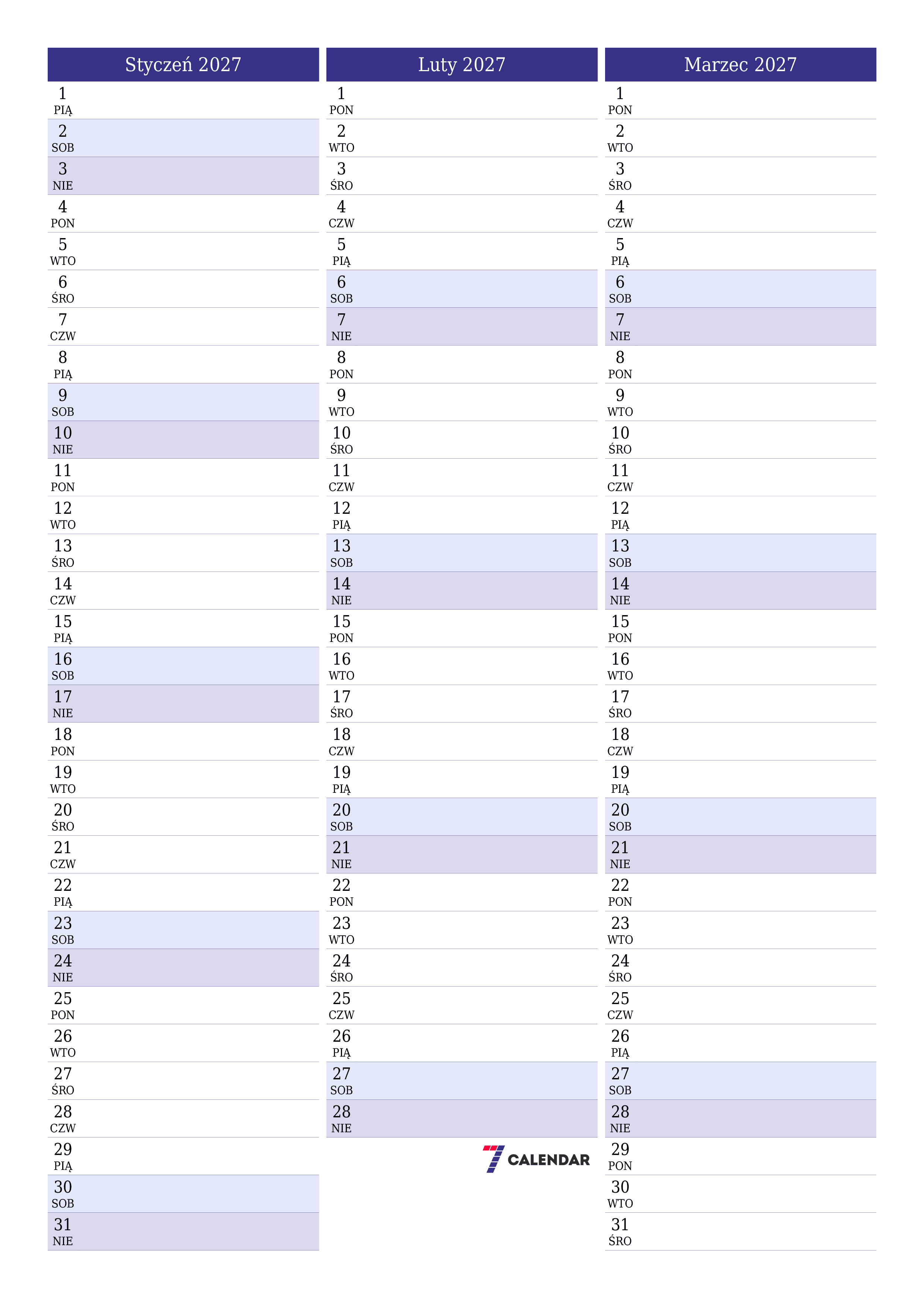 Opróżnij miesięczny planer na miesiąc Styczeń 2027 z notatkami, zapisz i wydrukuj w formacie PDF PNG Polish