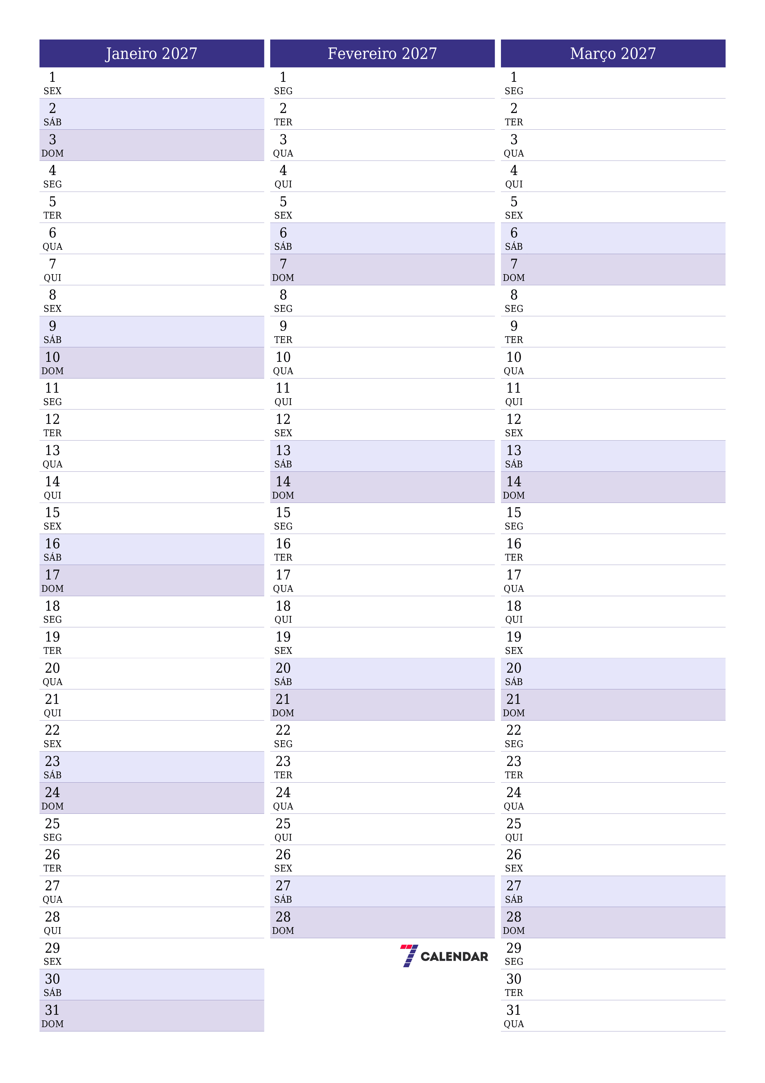 Esvazie o planejador mensal para o mês Janeiro 2027 com notas, salve e imprima em PDF PNG Portuguese