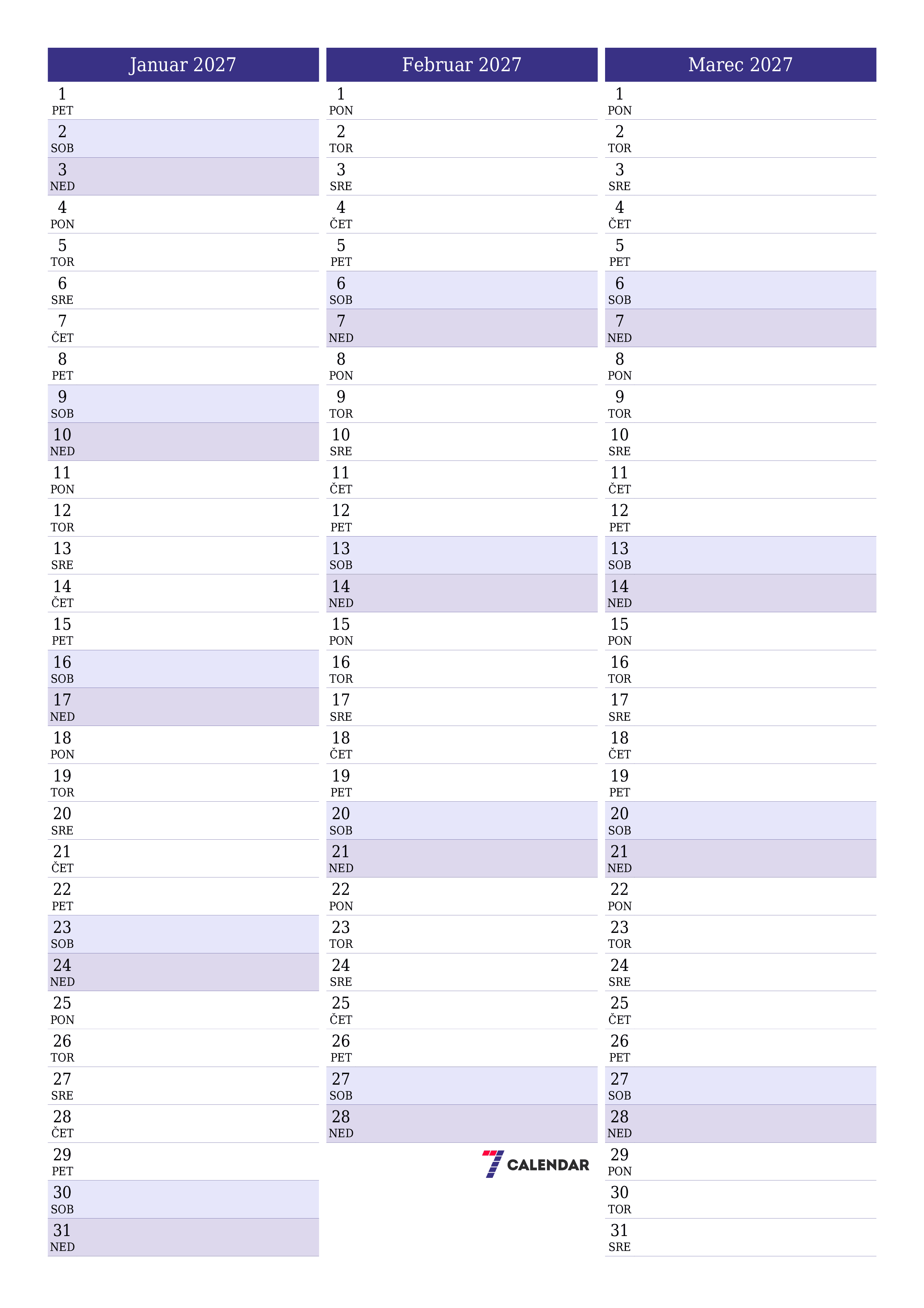 Prazen mesečni načrtovalec koledarja za mesec Januar 2027 z opombami, natisnjenimi v PDF PNG Slovenian