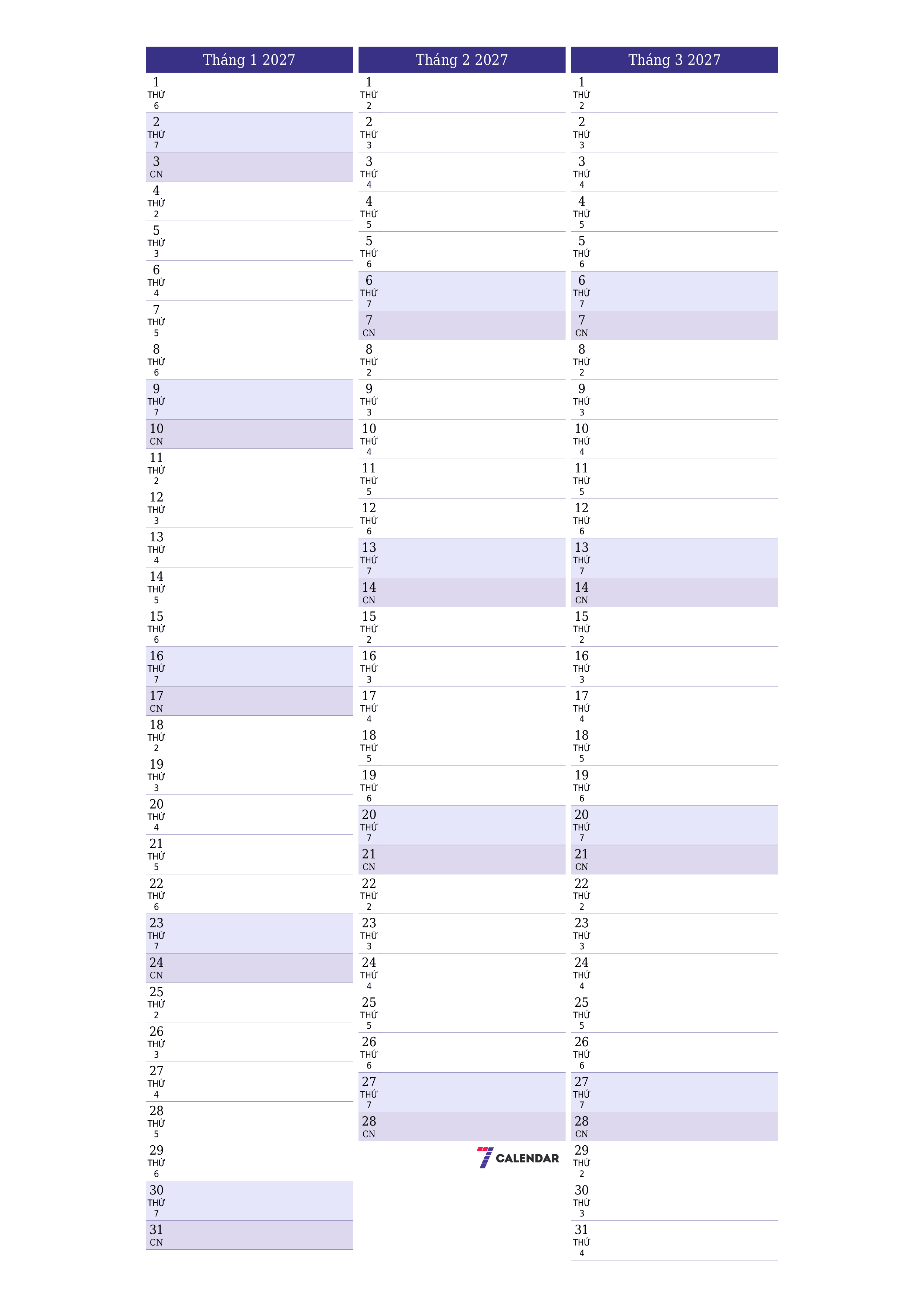 Công cụ lập kế hoạch hàng tháng trống cho tháng Tháng 1 2027 có ghi chú, lưu và in sang PDF PNG Vietnamese