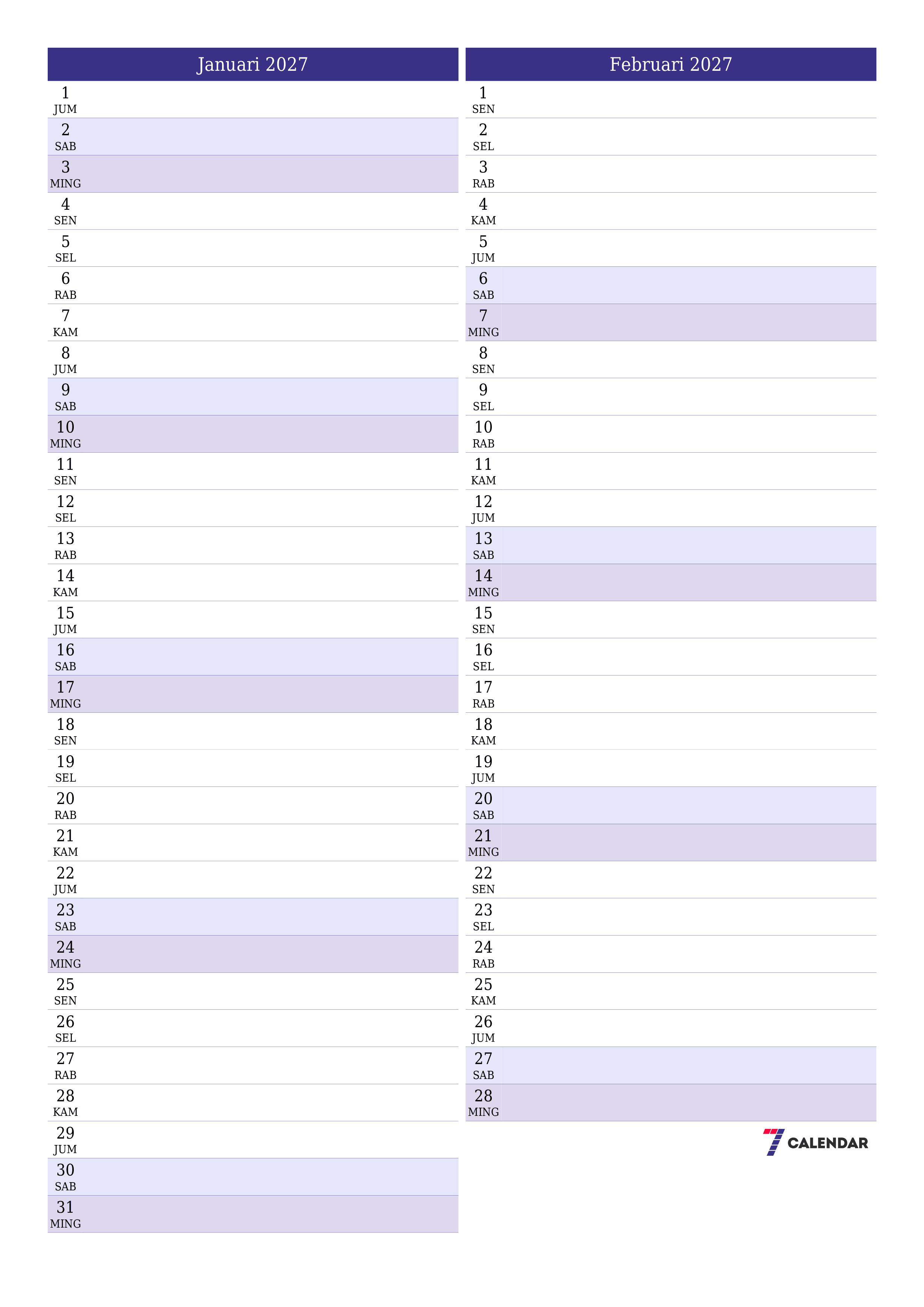 Kosongkan agenda bulanan untuk bulan Januari 2027 dengan catatan, simpan dan cetak ke PDF PNG Indonesian