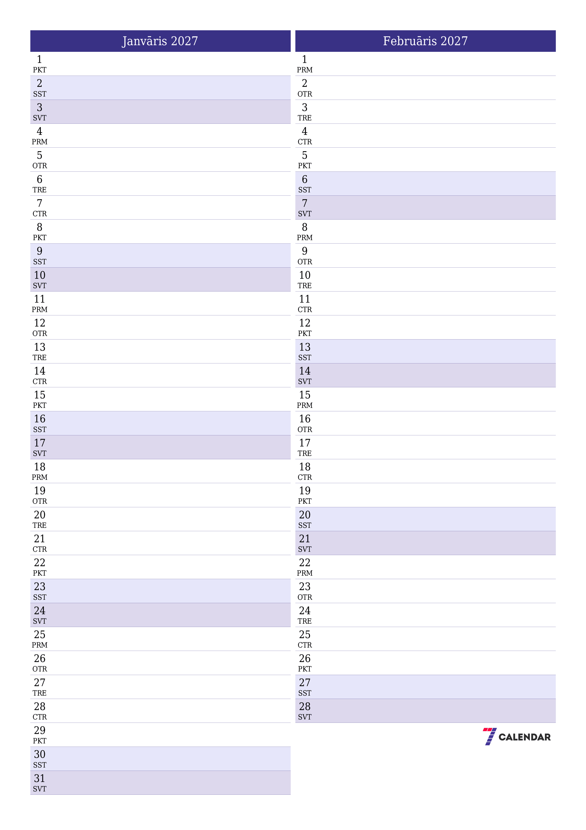 Iztukšot mēneša plānotāju mēnesim Janvāris 2027 ar piezīmēm, saglabāt un izdrukāt PDF formātā PNG Latvian