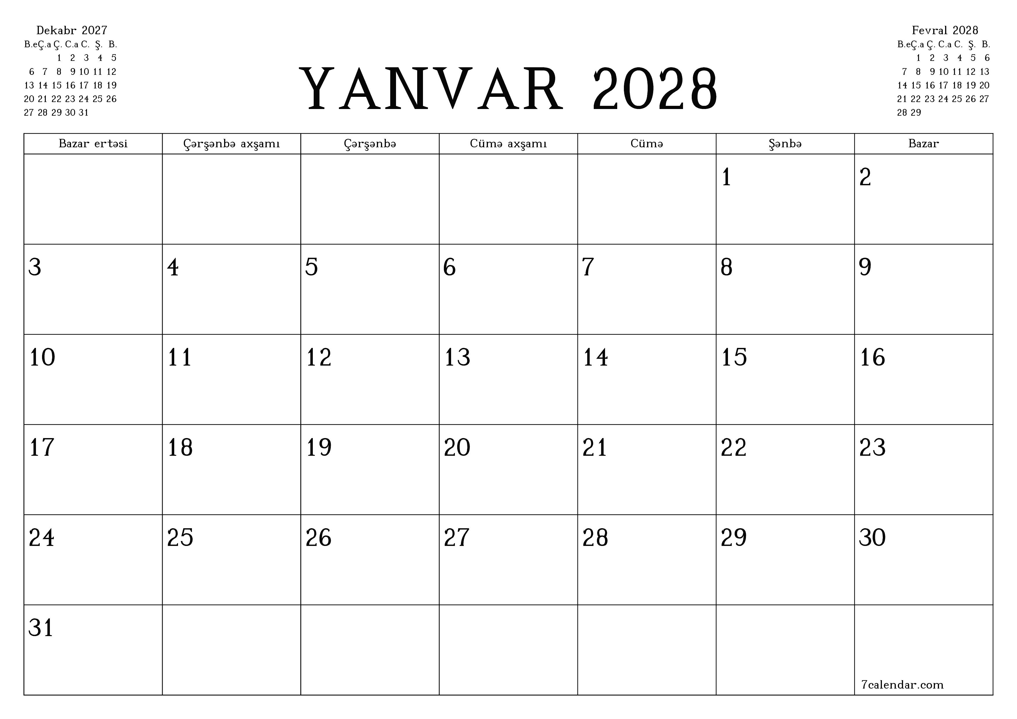 Yanvar 2028 ayı üçün qeydlər ilə boş aylıq planlayıcı, qeyd edin və PDF-ə yazdırın PNG Azerbaijani