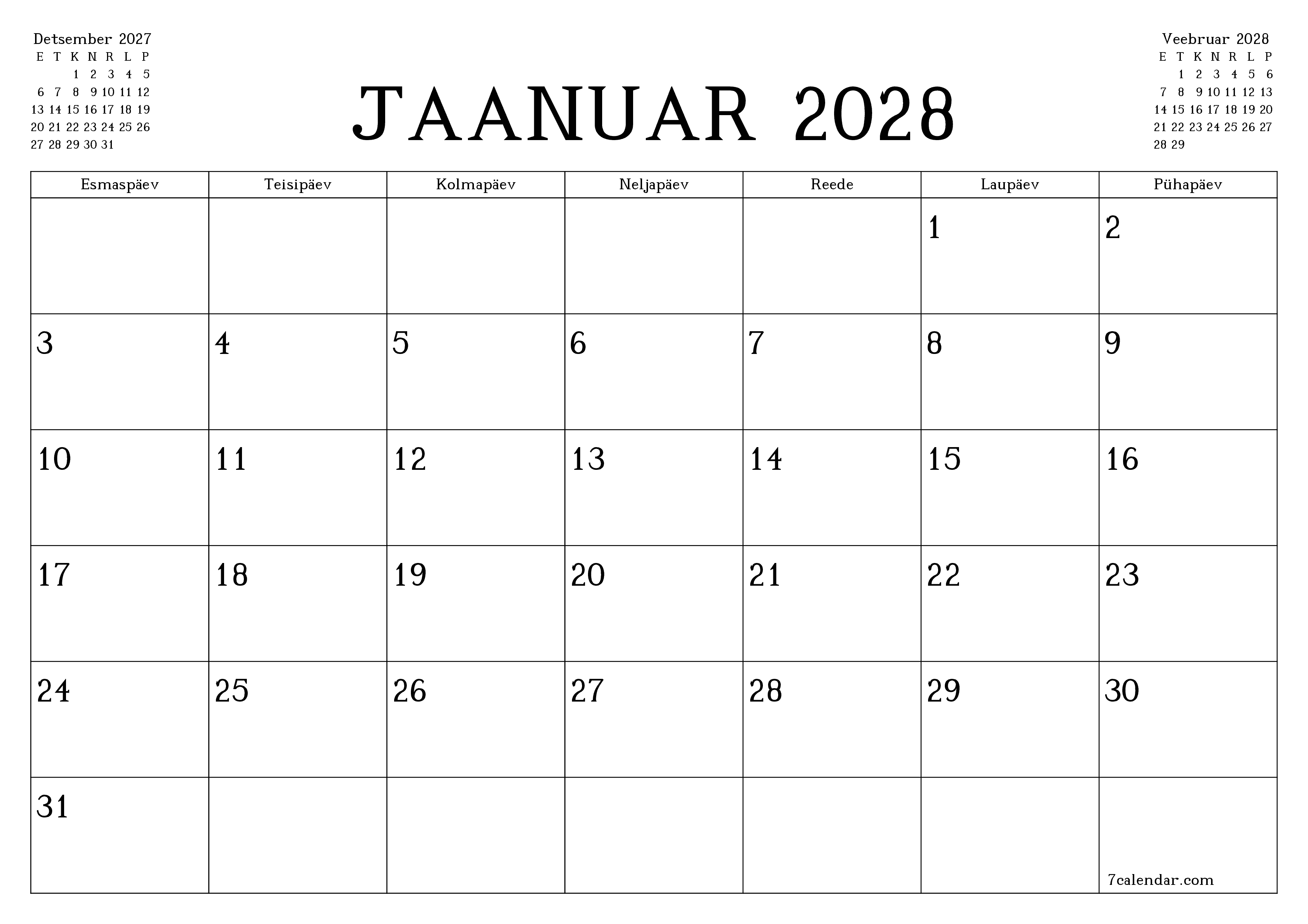 Tühjendage kuu Jaanuar 2028 kuuplaneerija märkmetega, salvestage ja printige PDF-i PNG Estonian