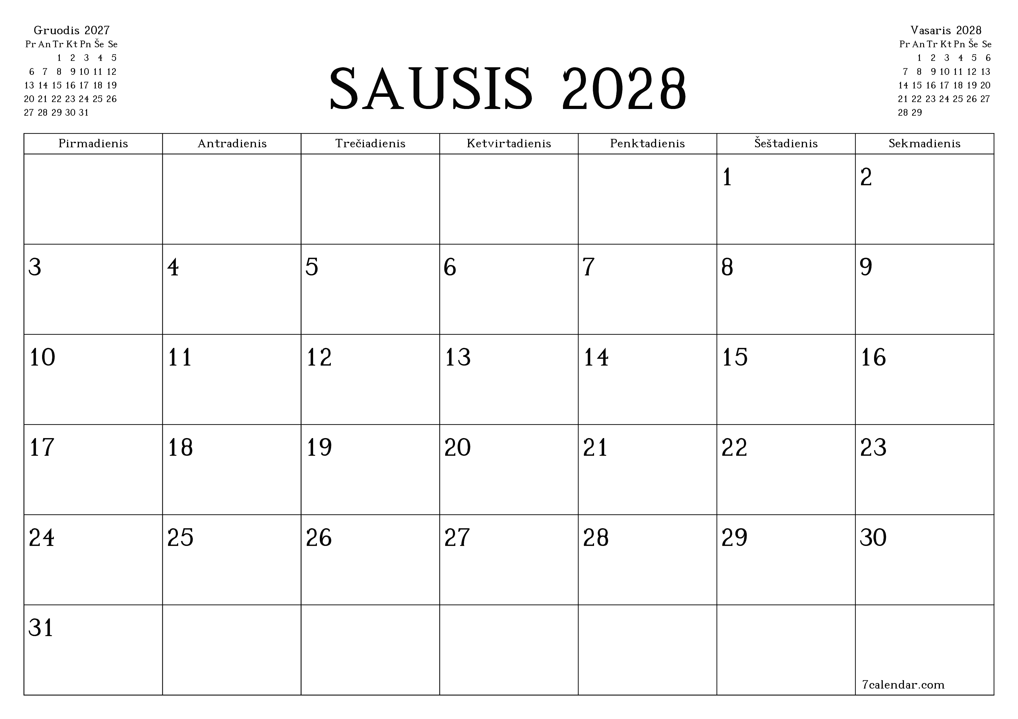 Ištuštinti mėnesio Sausis 2028 mėnesio planavimo priemonę su užrašais, išsaugoti ir atsispausdinti PDF formate PNG Lithuanian
