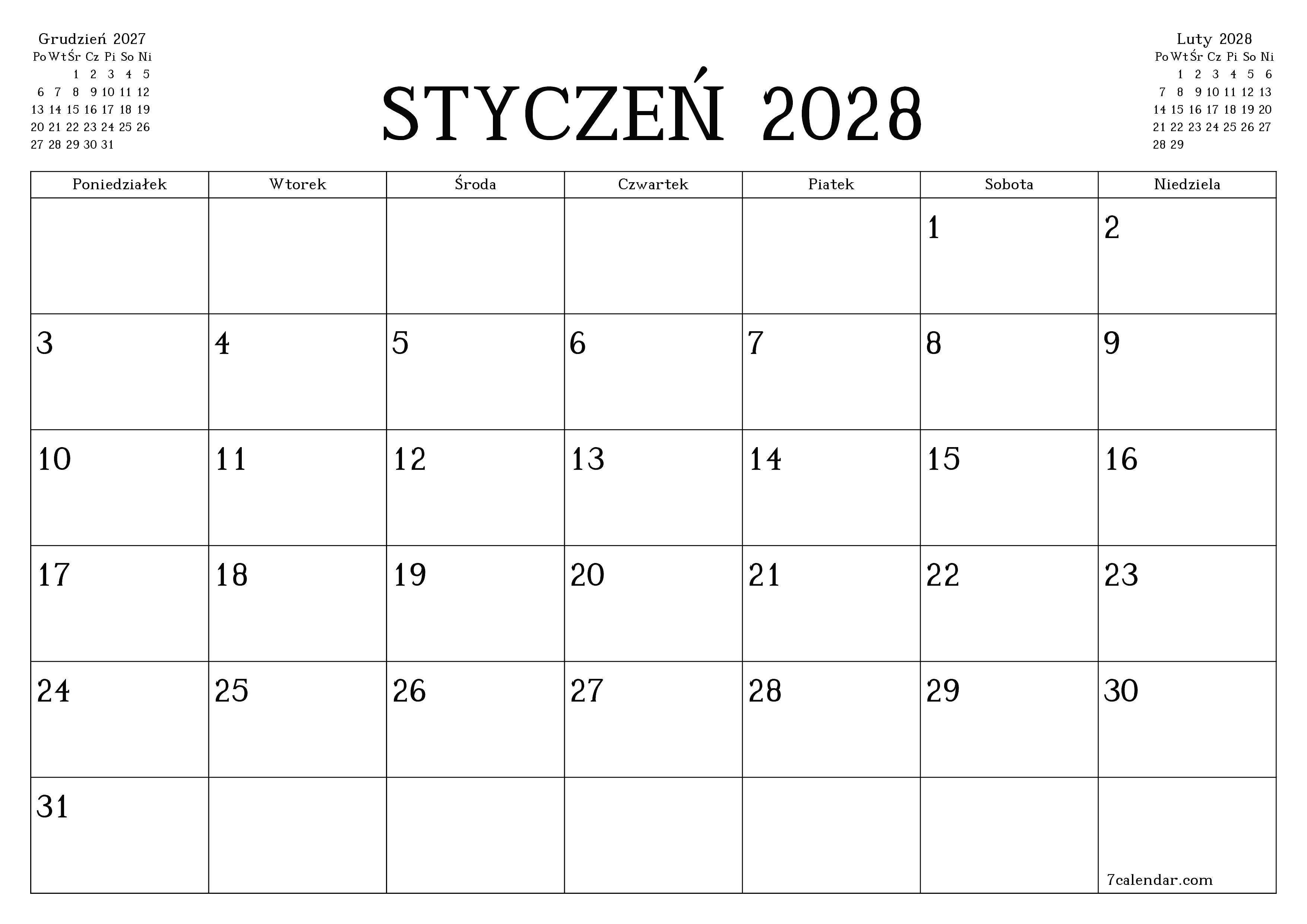 Opróżnij miesięczny planer na miesiąc Styczeń 2028 z notatkami, zapisz i wydrukuj w formacie PDF PNG Polish