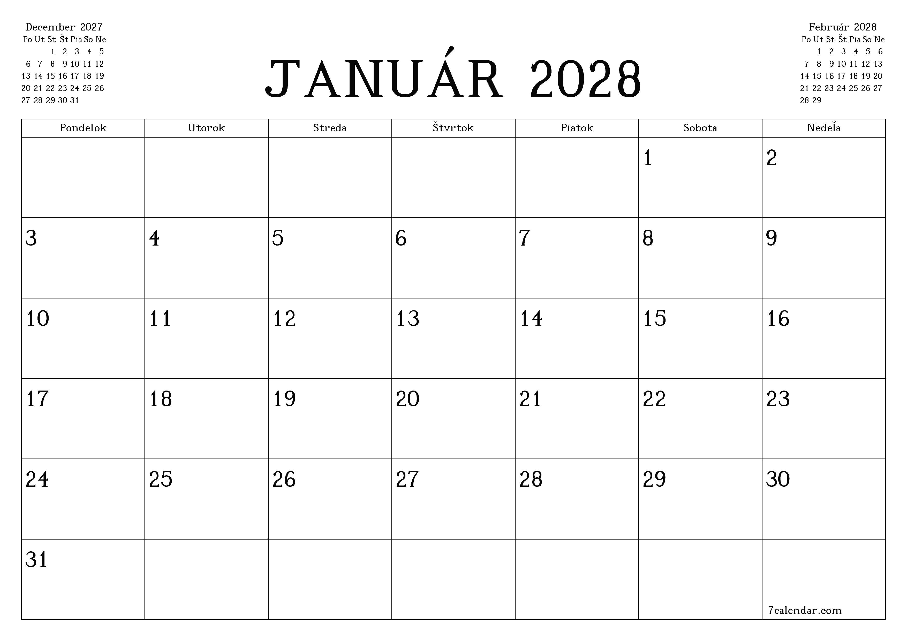 Prázdny mesačný plánovač na mesiac Január 2028 s poznámkami, uloženie a tlač do PDF PNG Slovak