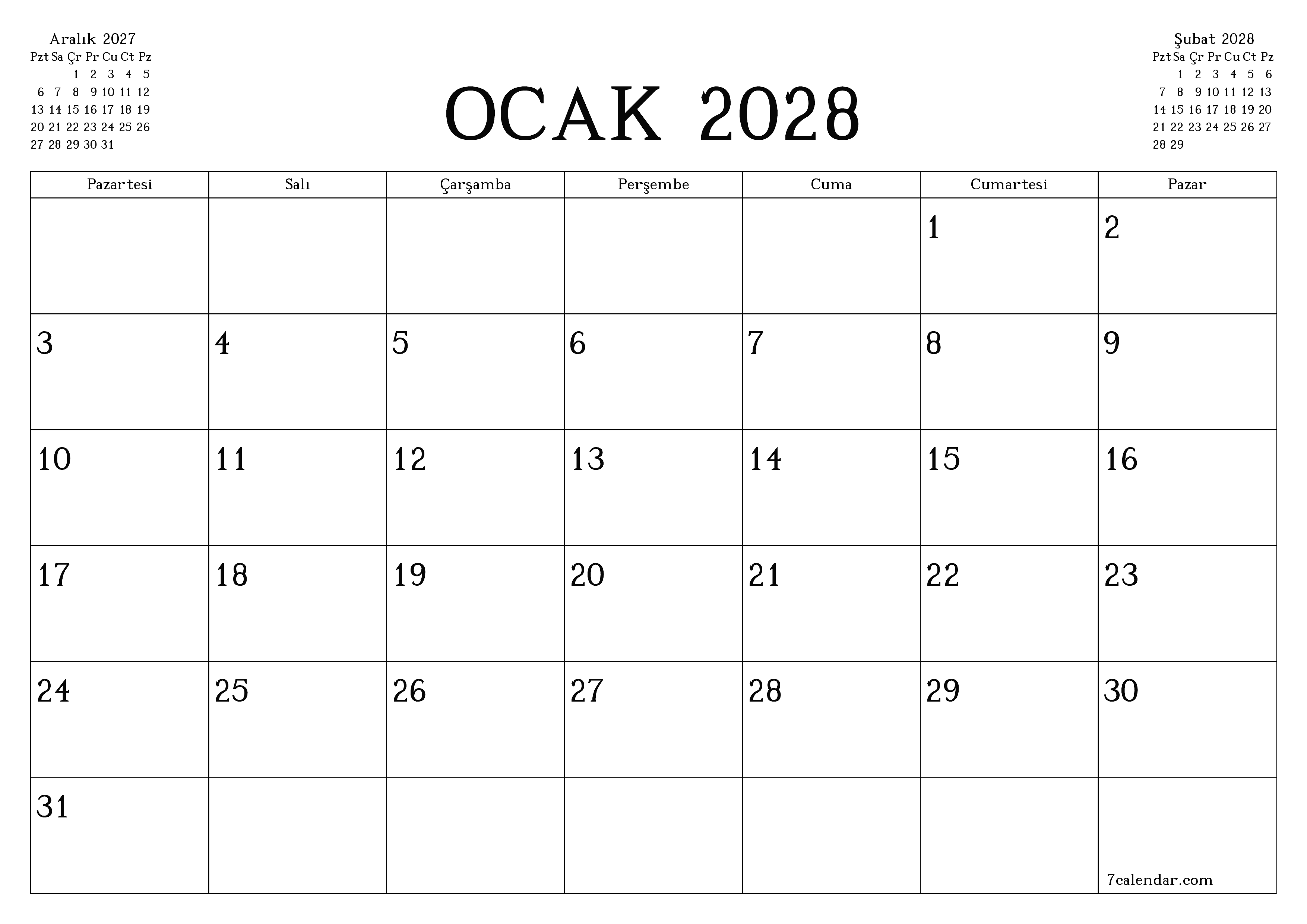 Ocak 2028 ayı için notlarla birlikte boş aylık planlayıcı, kaydedin ve PDF'ye yazdırın PNG Turkish