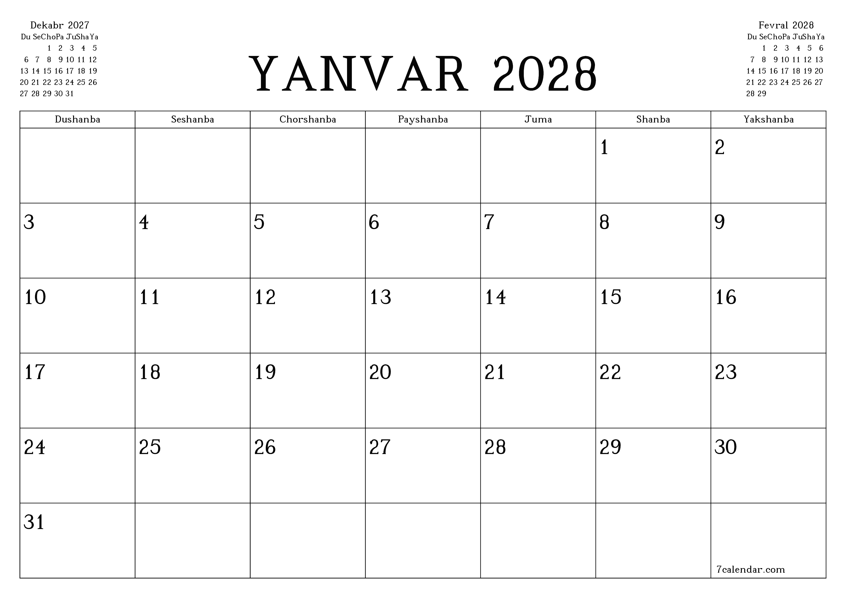 Yanvar 2028 oylik oylik rejalashtiruvchini yozuvlar bilan bo'shatish, saqlash va PDF-ga chop etish PNG Uzbek