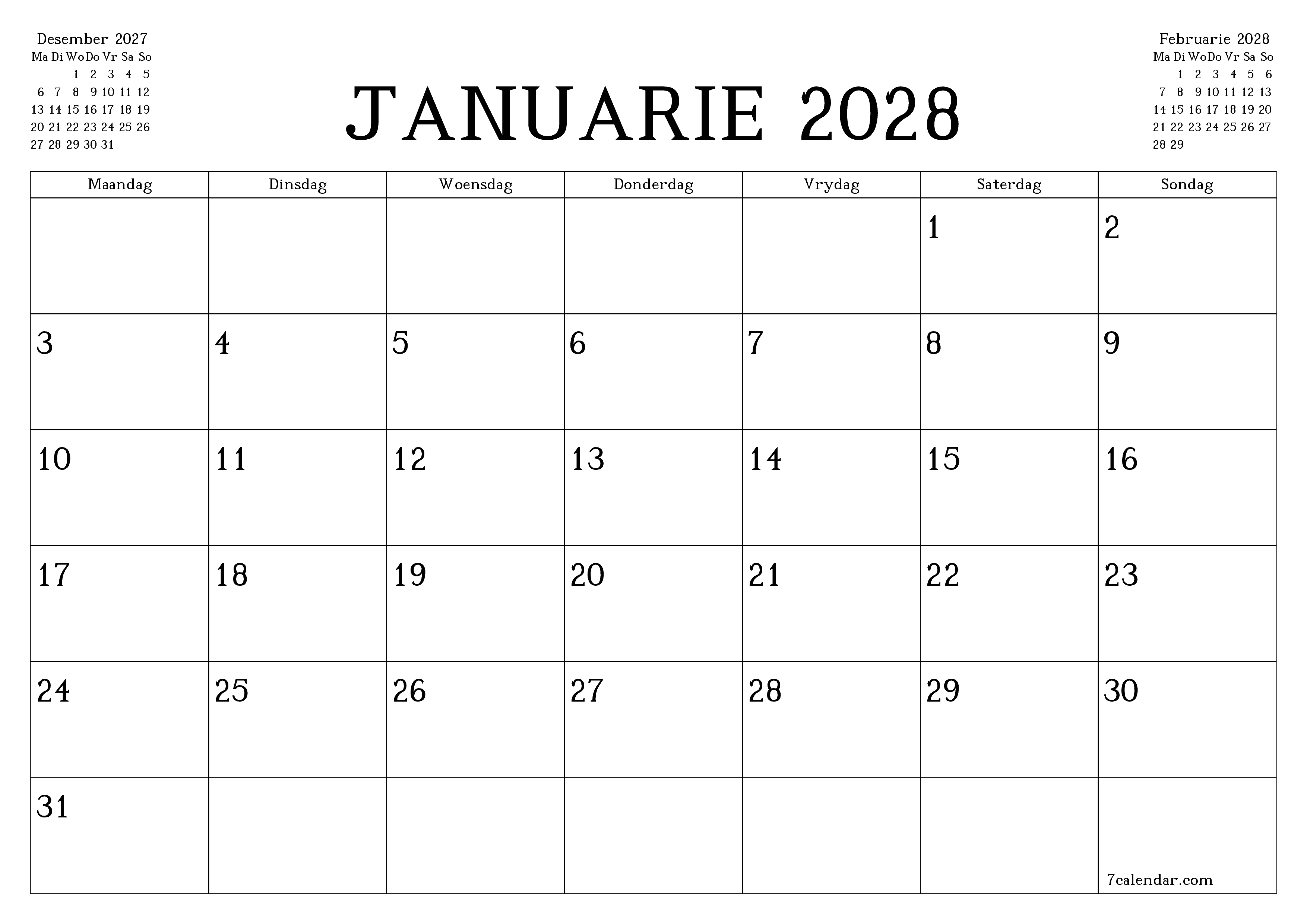 Leë maandelikse drukbare kalender en beplanner vir maand Januarie 2028 met notas stoor en druk na PDF PNG Afrikaans