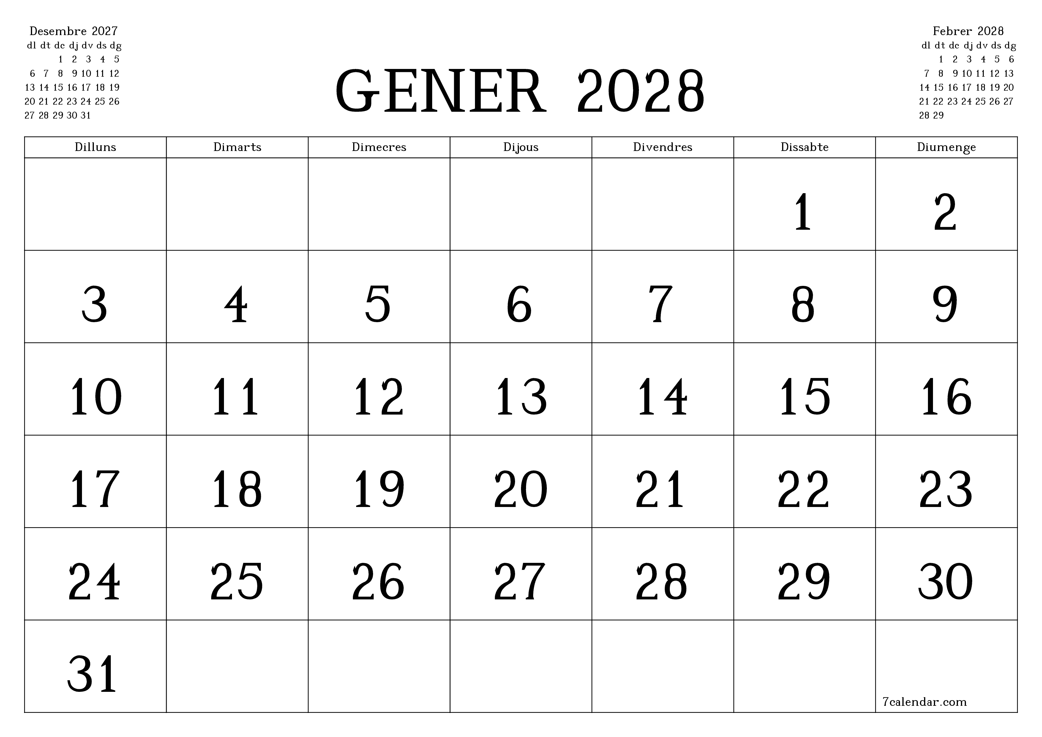 Planificador mensual buit del mes Gener 2028 amb notes, deseu-lo i imprimiu-lo en format PDF PNG Catalan